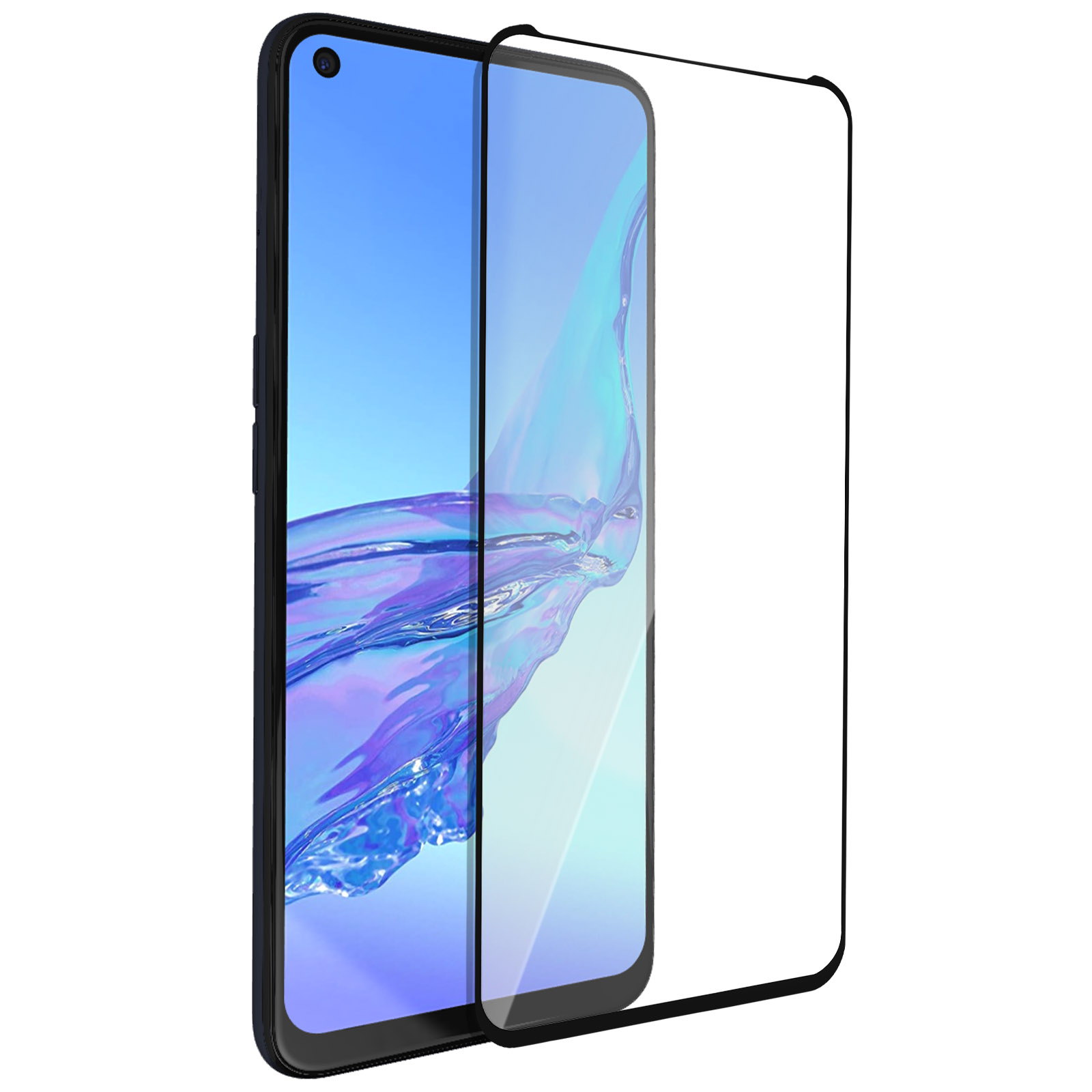 Viene visualizzato uno smartphone nero con una protezione per lo schermo. Il telefono ha uno schermo blu, la protezione è trasparente. Sfondo bianco.