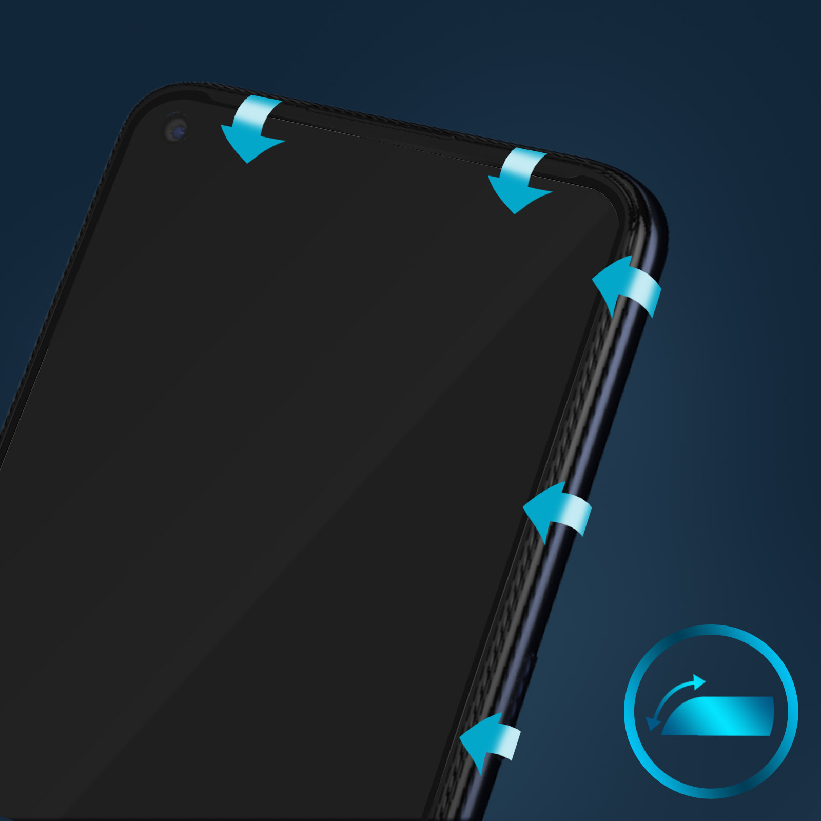 Uno smartphone nero con frecce blu che indicano un'azione di scorrimento. Lo sfondo è una sfumatura blu scuro.