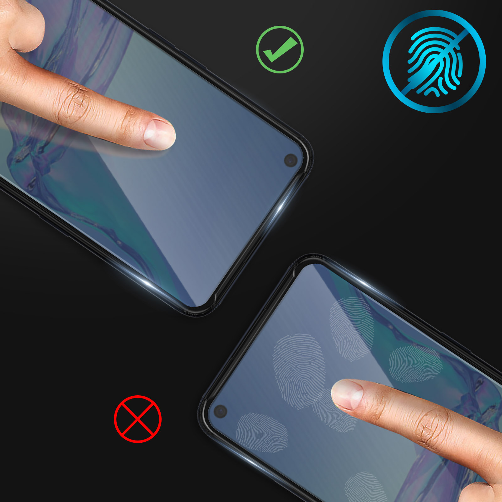 Due telefoni con le dita che toccano gli schermi. Uno pulito, approvato. L'altro mostra impronte digitali, respinto. I simboli indicano approvazione e rifiuto.