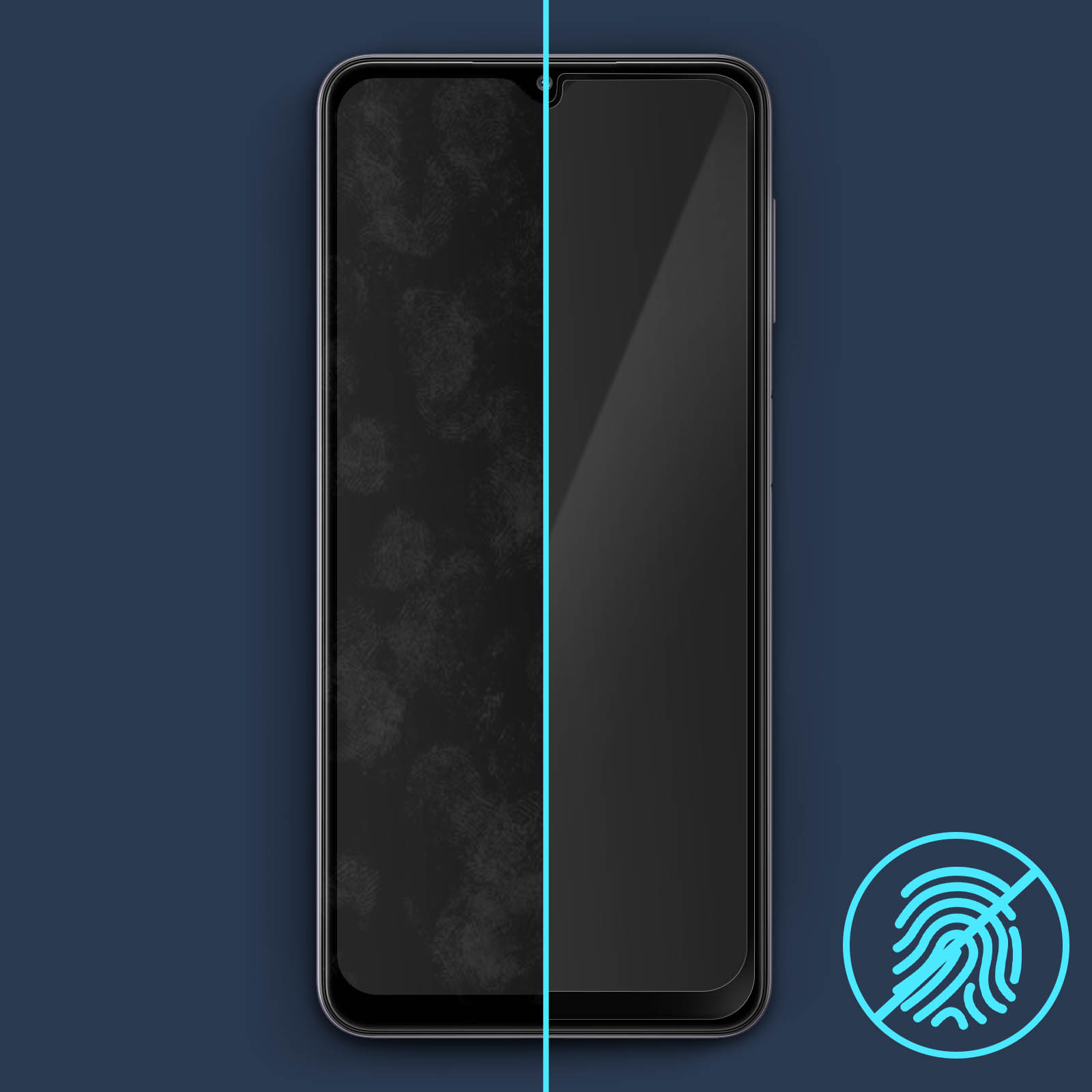 Schermo smartphone diviso. Lato sinistro con impronte, destro pulito. Sfondo blu con simbolo impronte vietate.