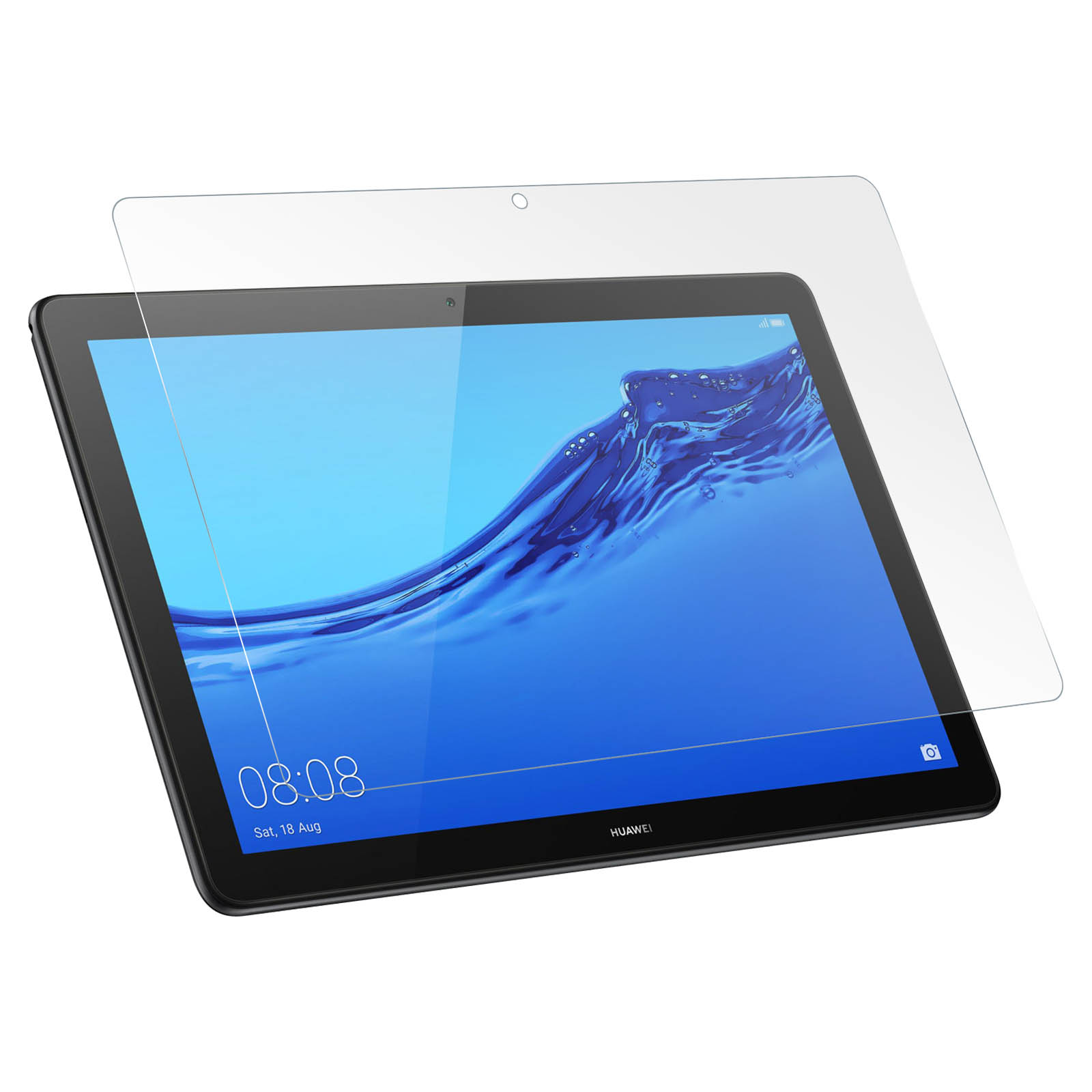 Zwarte tablet met schermbeschermer. Scherm toont een blauw waterpatroon.