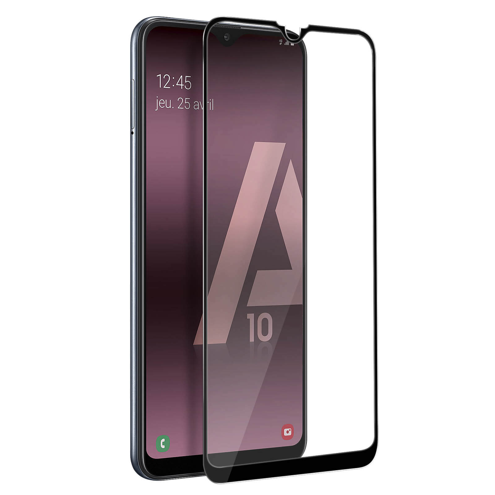 Smartphone con protezione schermo. Display mostra data e ora. Sfondo bianco.