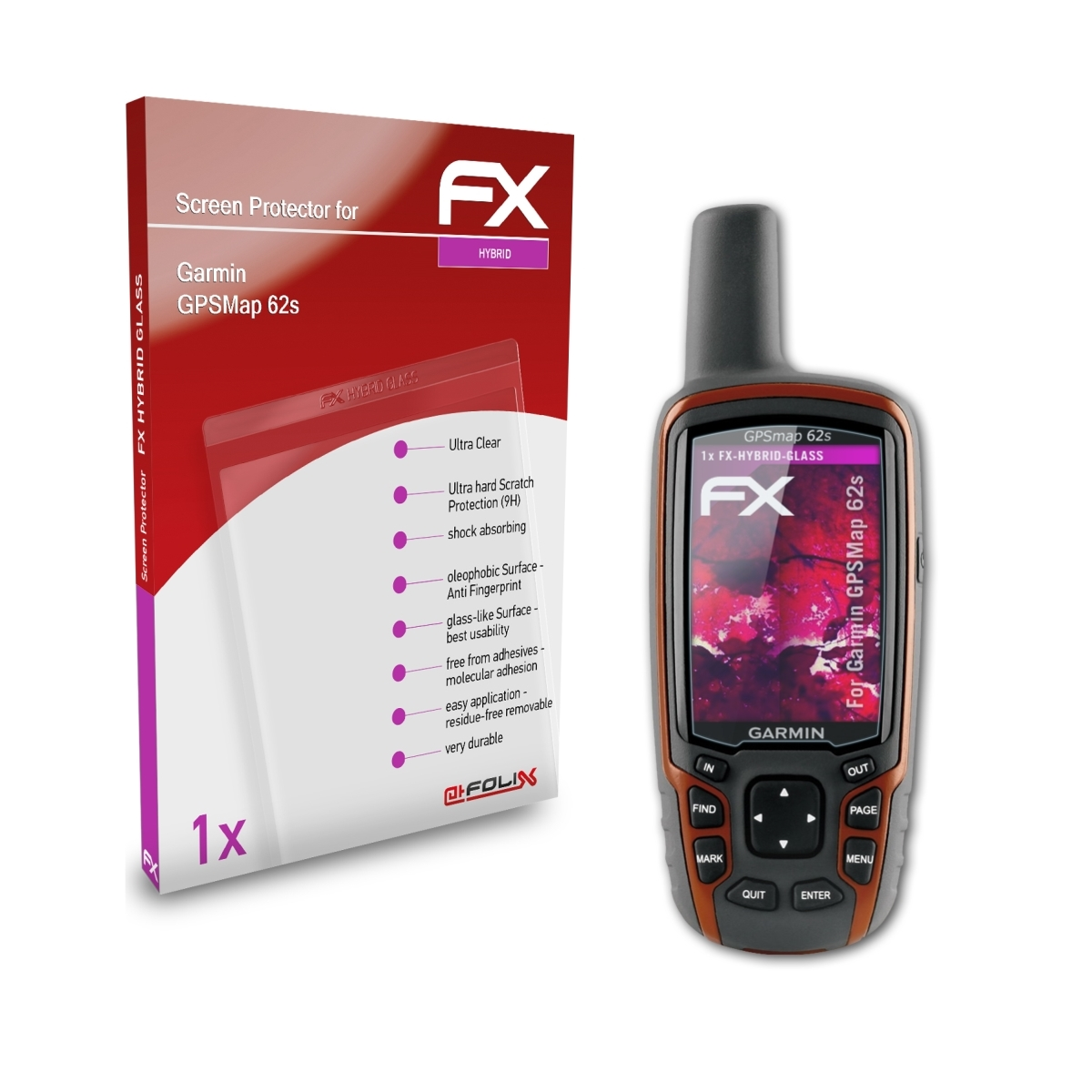 GPSMap Garmin 62s) FX-Hybrid-Glass ATFOLIX Schutzglas(für