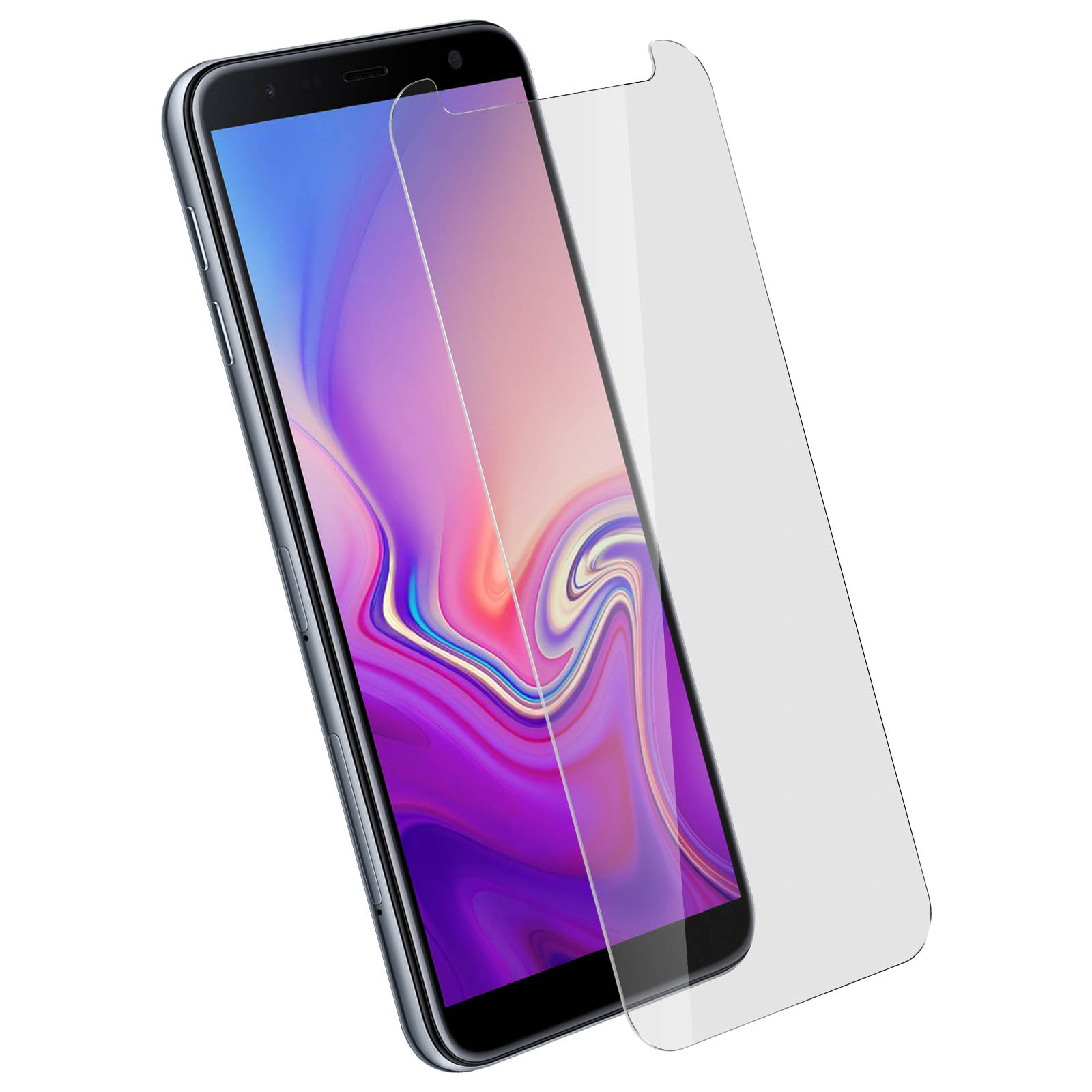 Uno smartphone con protezione schermo. Il telefono è nero e ha uno schermo curvo.