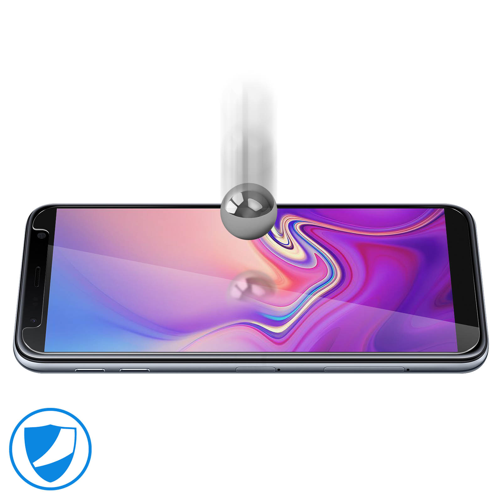 Un telefono con una protezione per lo schermo. Una palla sta cadendo sullo schermo del telefono con un'icona di protezione.