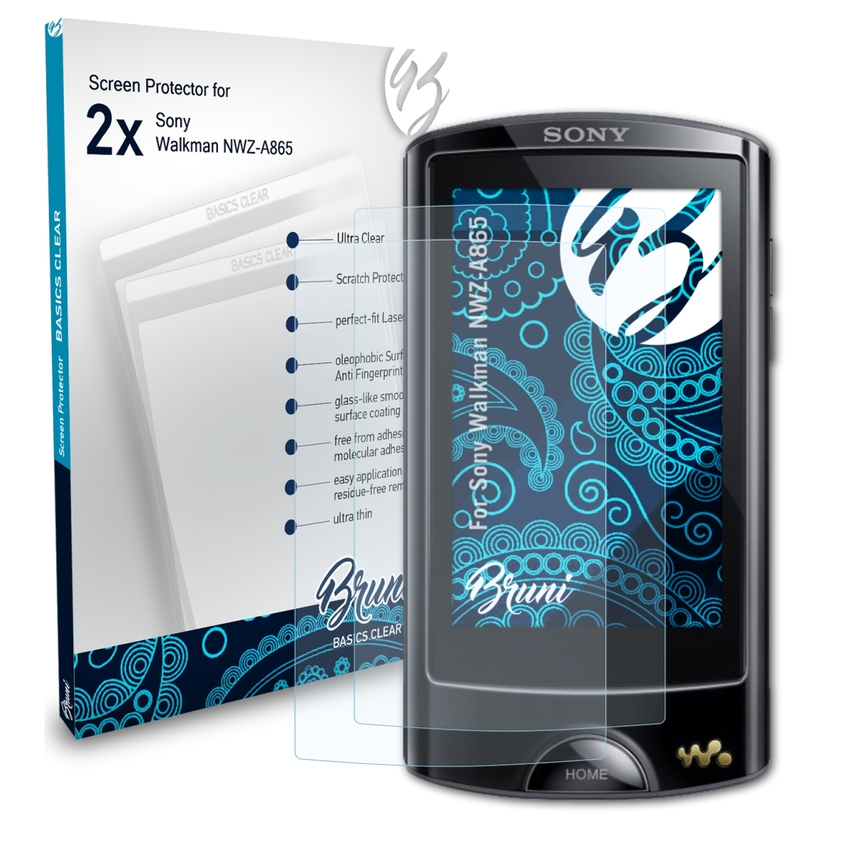 BRUNI 2x Basics-Clear Walkman Schutzfolie(für Sony NWZ-A865)