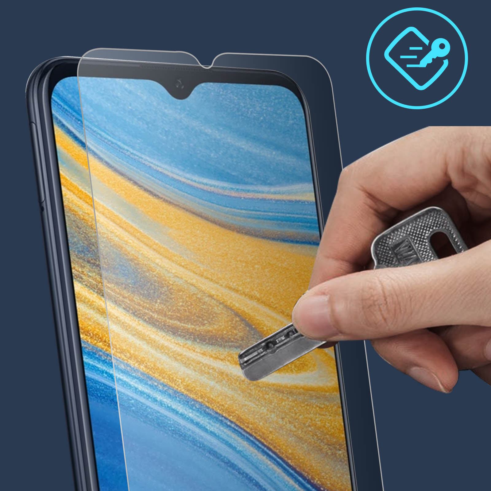 Une main utilisant un outil pour appliquer un protecteur d'écran sur un téléphone.