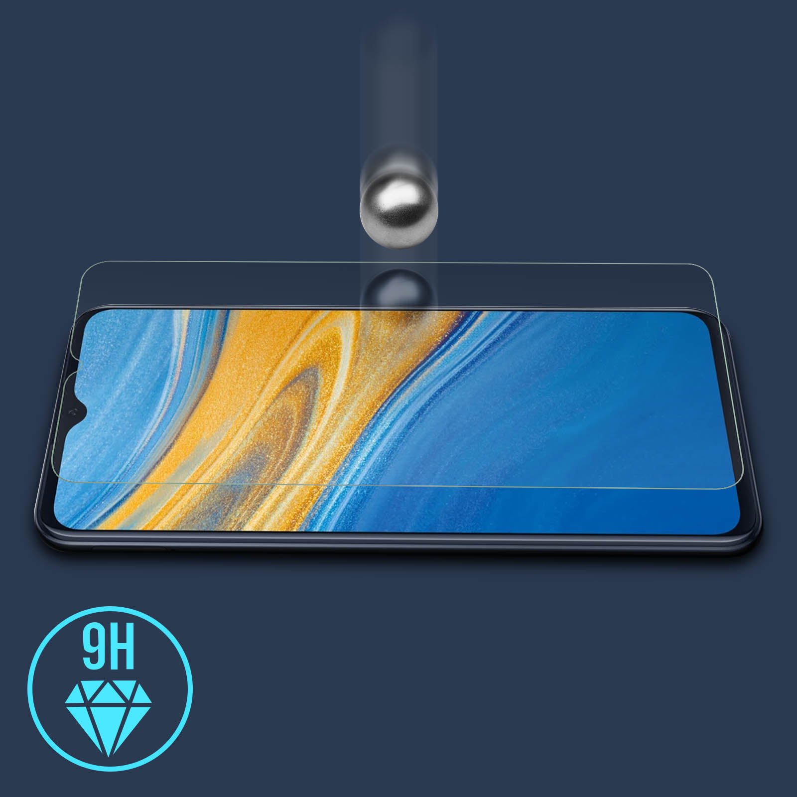 Un smartphone avec un protecteur d'écran. Une balle tombe vers l'écran.