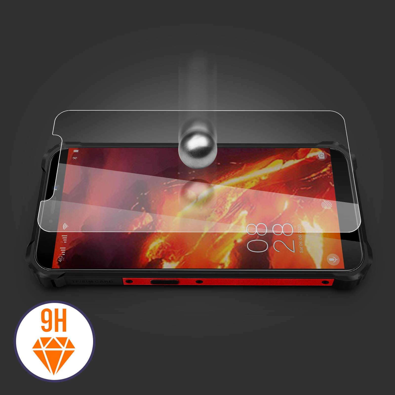 Smartphone con protezione schermo applicata. Una palla cade sullo schermo.