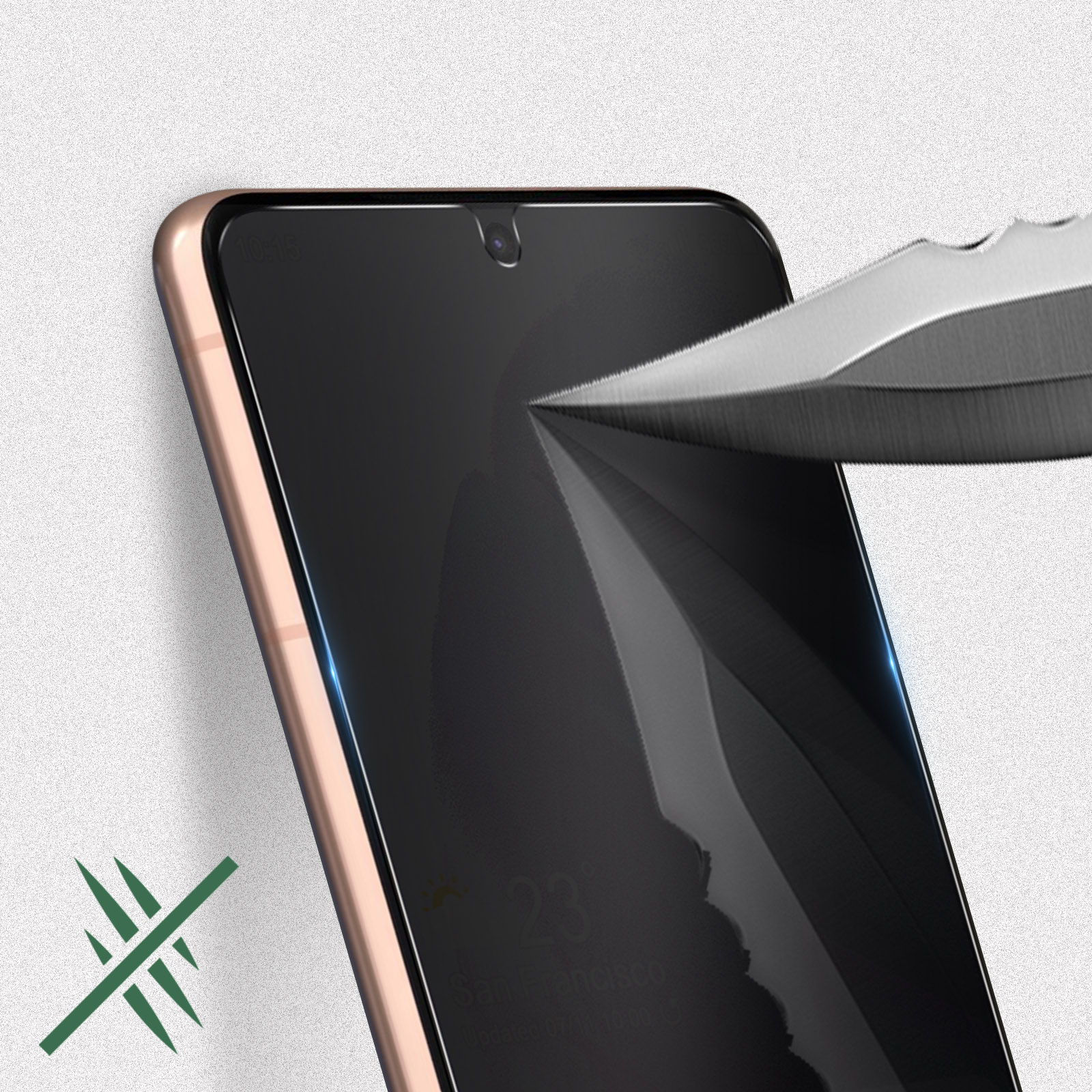 Schermo del telefono rotto da un coltello. Telefono dorato. Schermo nero. Icona di protezione in bambù.
