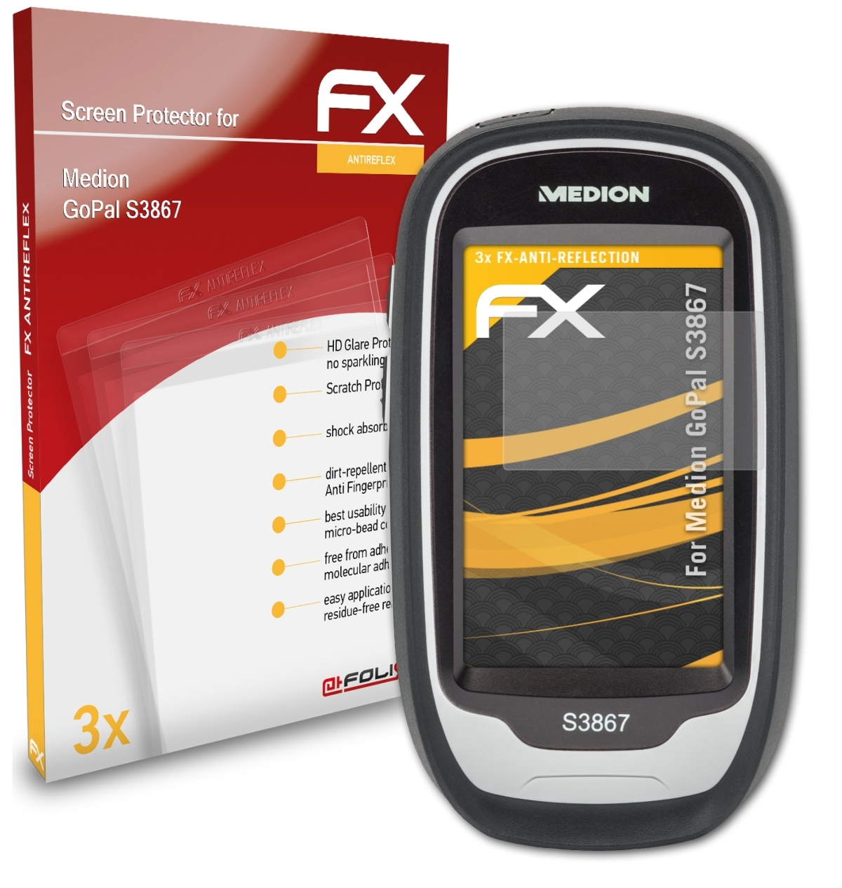 ATFOLIX 3x FX-Antireflex Displayschutz(für Medion GoPal S3867)