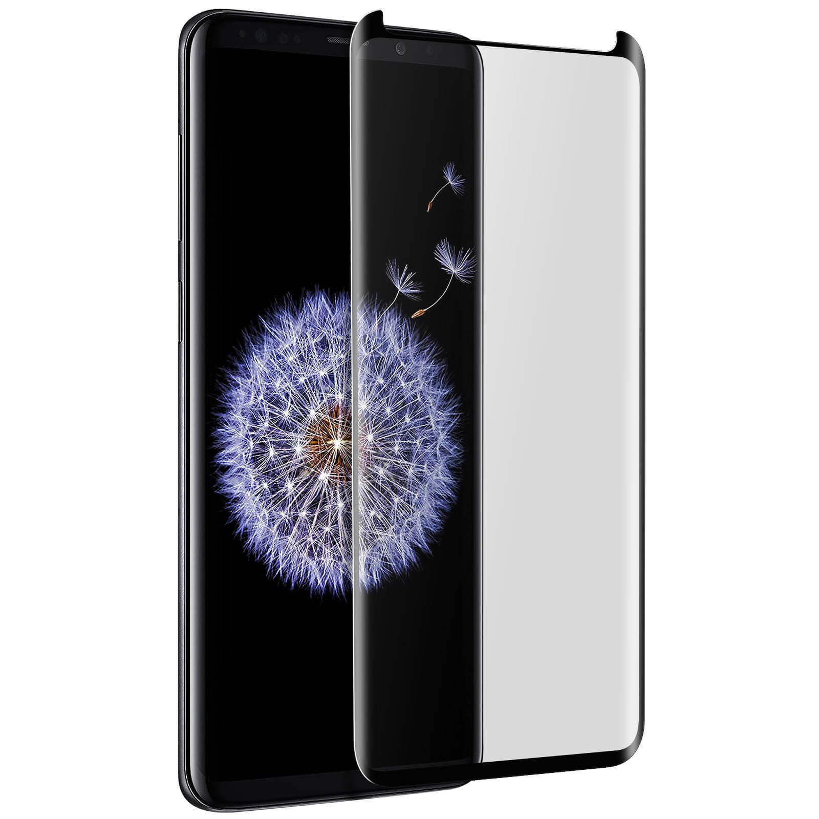 Telefono nero con protezione schermo. Mostra uno sfondo floreale.