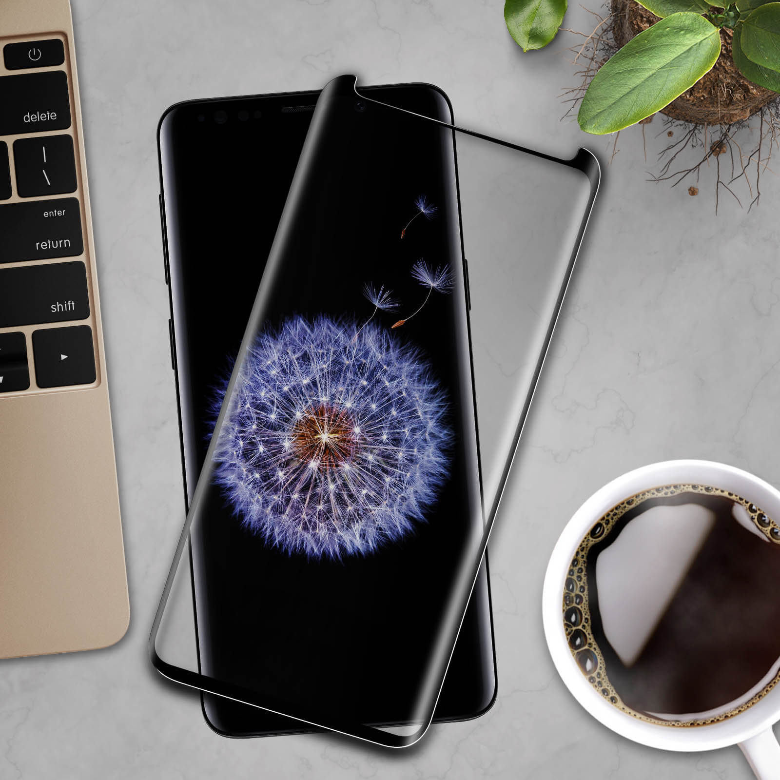Smartphone con protezione schermo, immagine di dente di leone, tazza di caffè, tastiera e pianta su marmo.