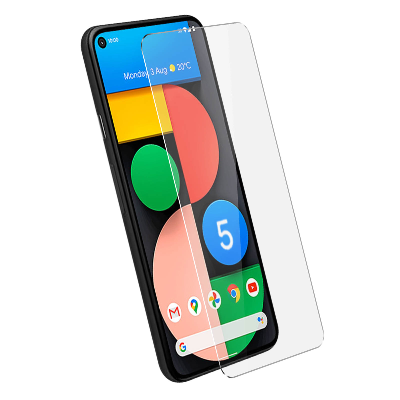 Telefono con protezione schermo applicata. Lo schermo mostra icone di app e un widget orologio.