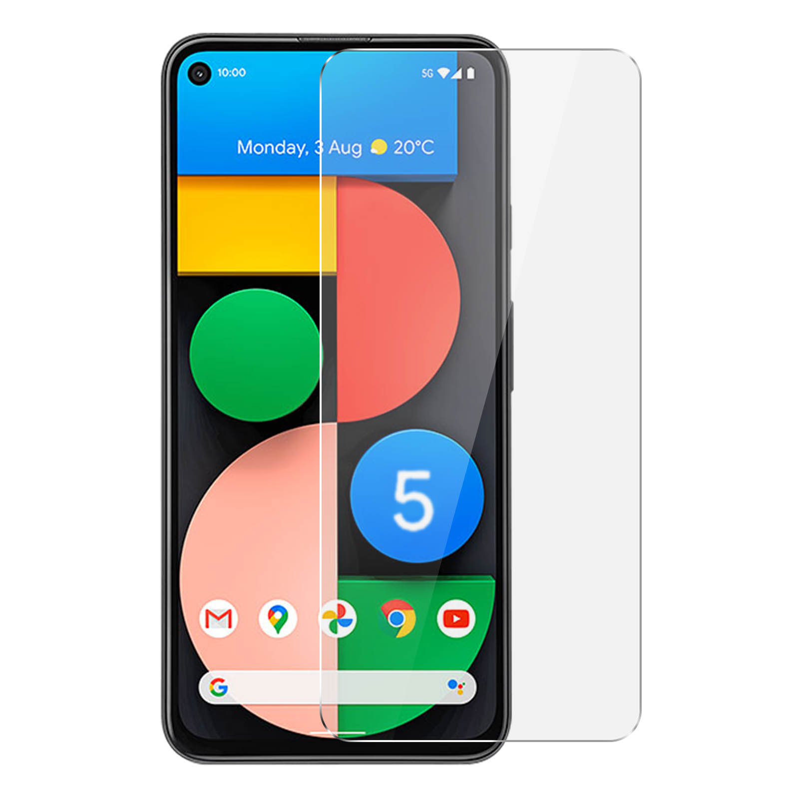 Un telefono con una protezione per lo schermo applicata. Lo schermo del telefono è acceso. Mostra icone di app, ora e data.