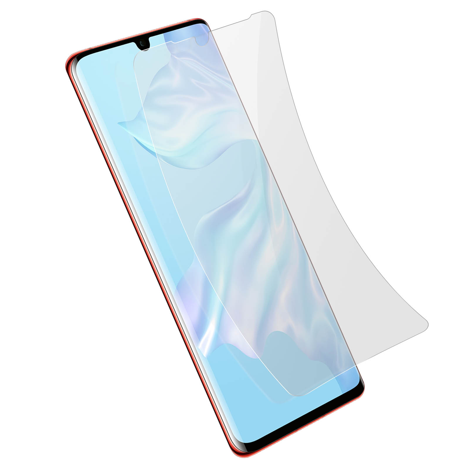 Telefono rosso con protezione schermo. Mostra uno sfondo azzurro chiaro.