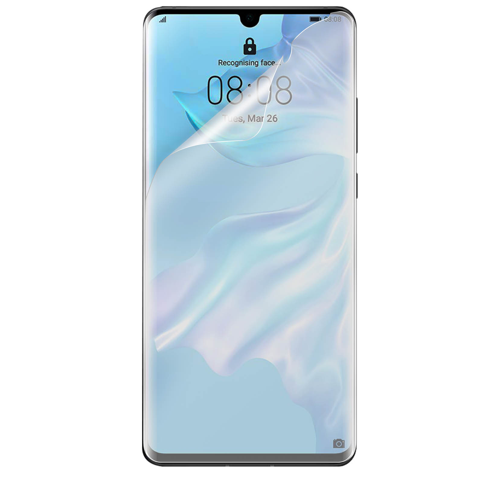 Smartphone con protezione schermo, mostra ora e data, con notifica di riconoscimento facciale.