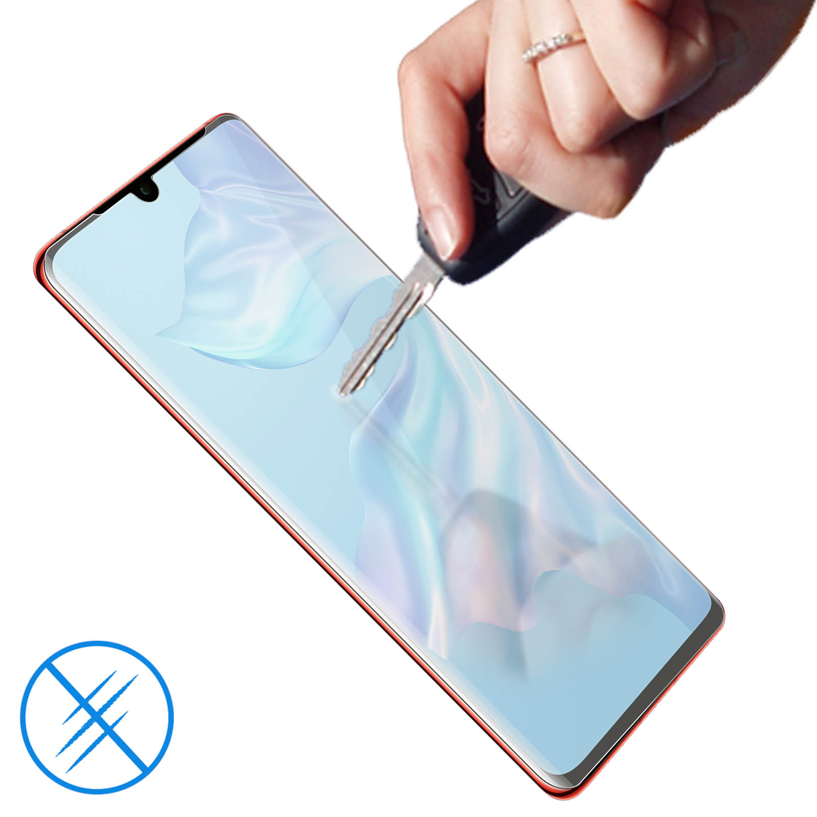 Mano che tiene una chiave sopra un telefono. Una pellicola protettiva è sullo schermo. Il telefono ha una cornice rossa.