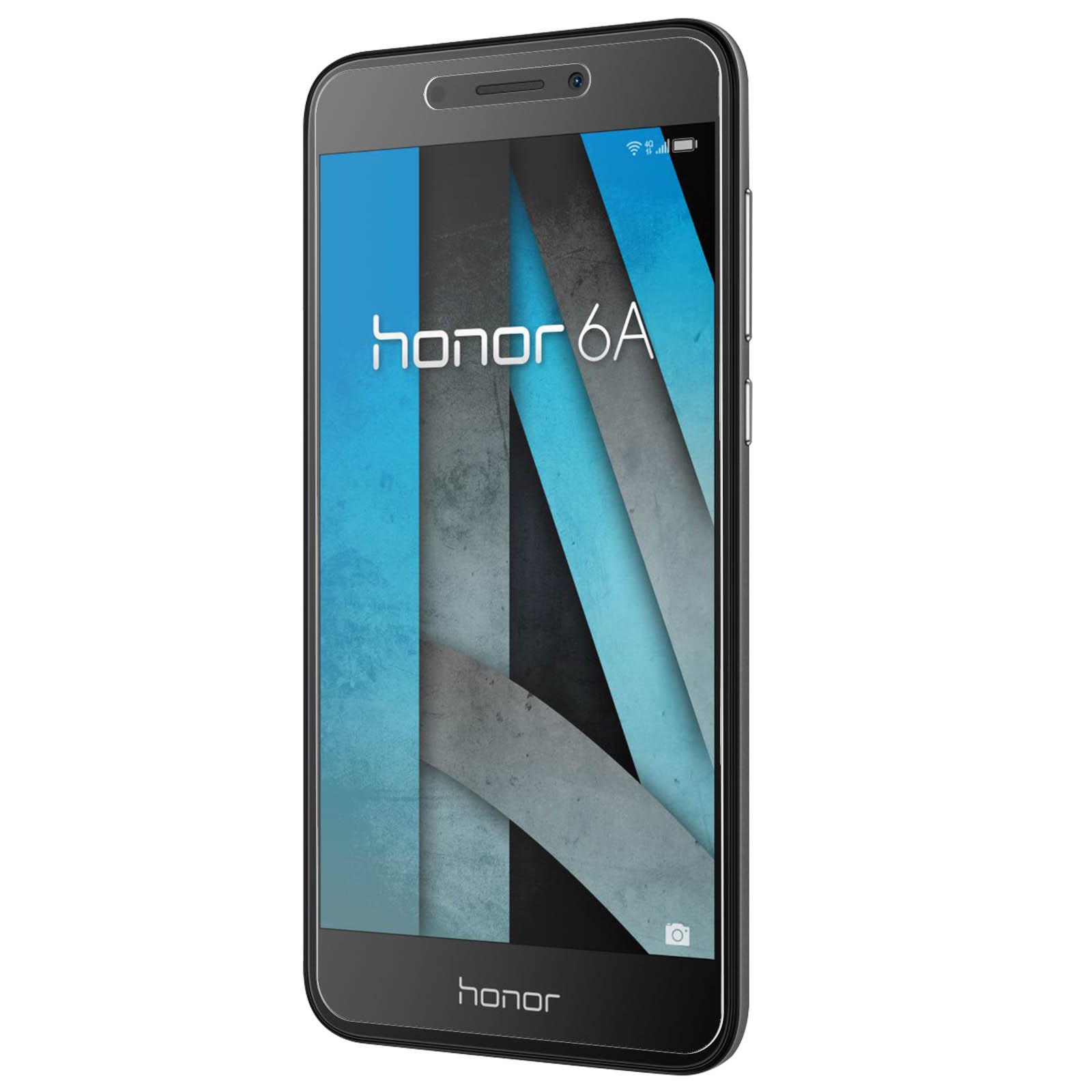 Telefono Honor 6A su sfondo grigio, con design astratto blu e grigio.