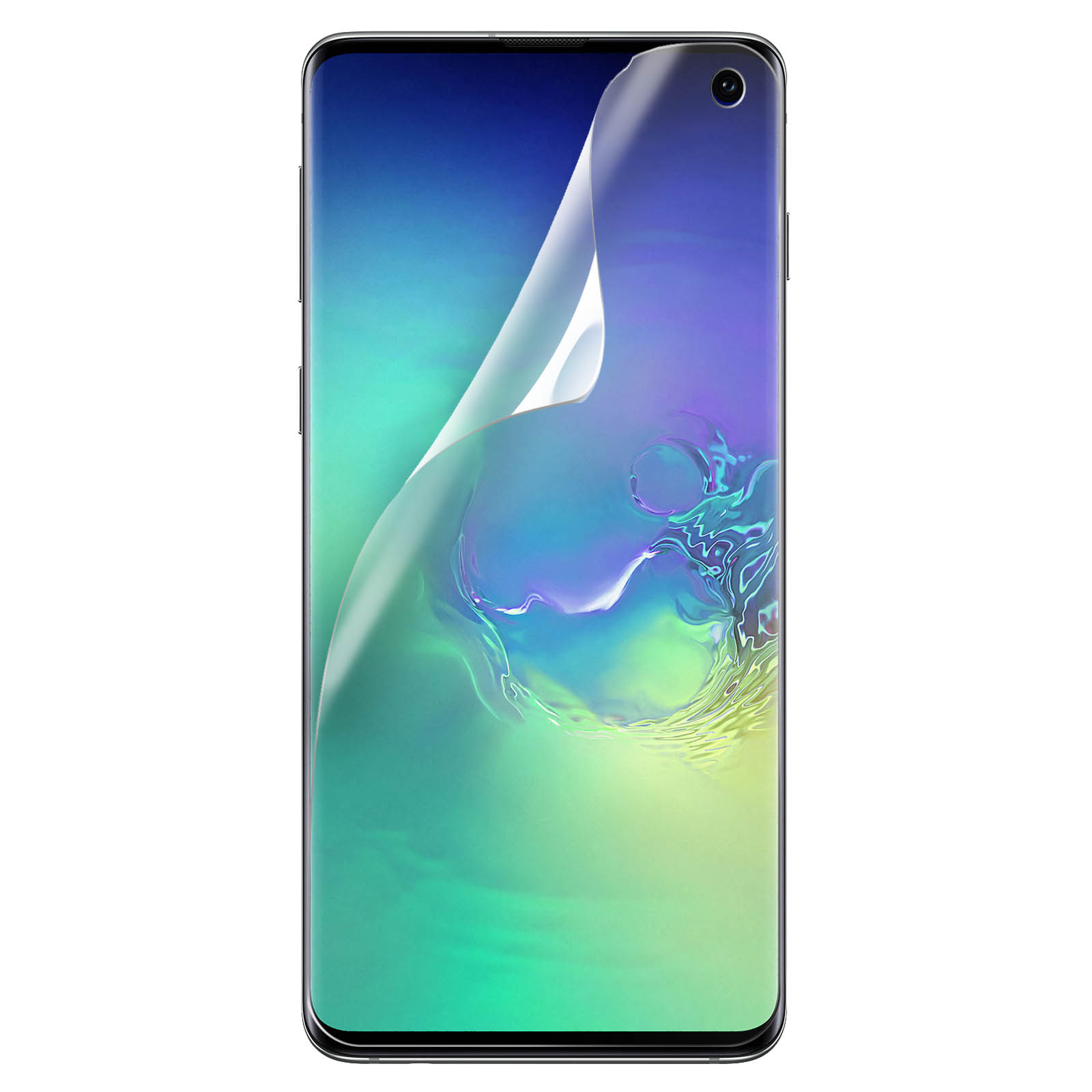 Un telefono con protezione schermo. Mostra uno sfondo a gradiente di colore.