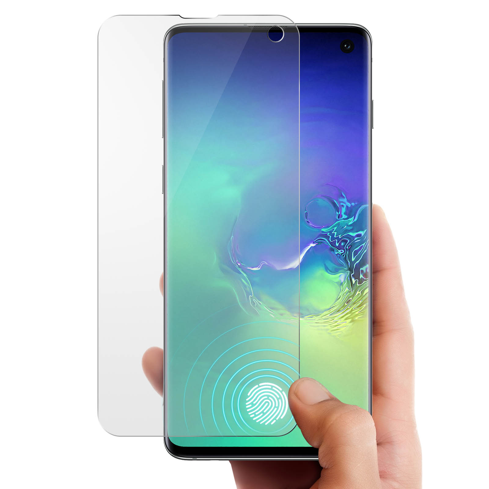 Hand die een smartphone vasthoudt met een schermbeschermer. Het scherm toont een kleurrijk patroon.
