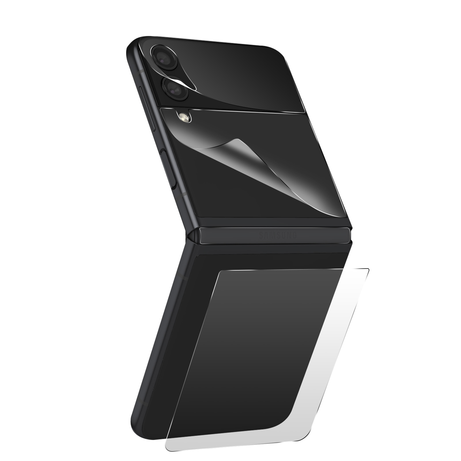 Un telefono pieghevole nero con una protezione per lo schermo. Il telefono è parzialmente aperto.