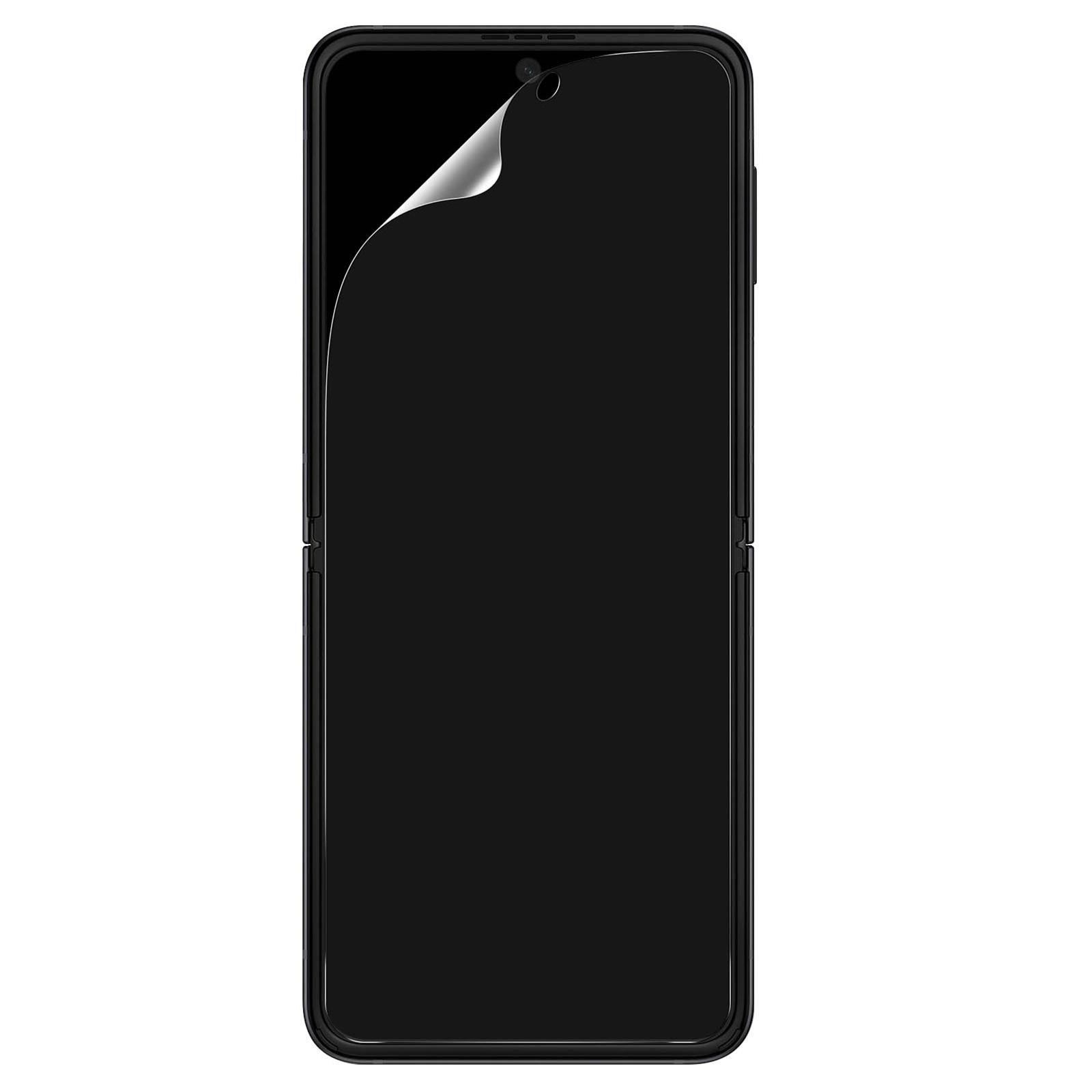 Smartphone nero con protezione schermo applicata, mostra superficie liscia.