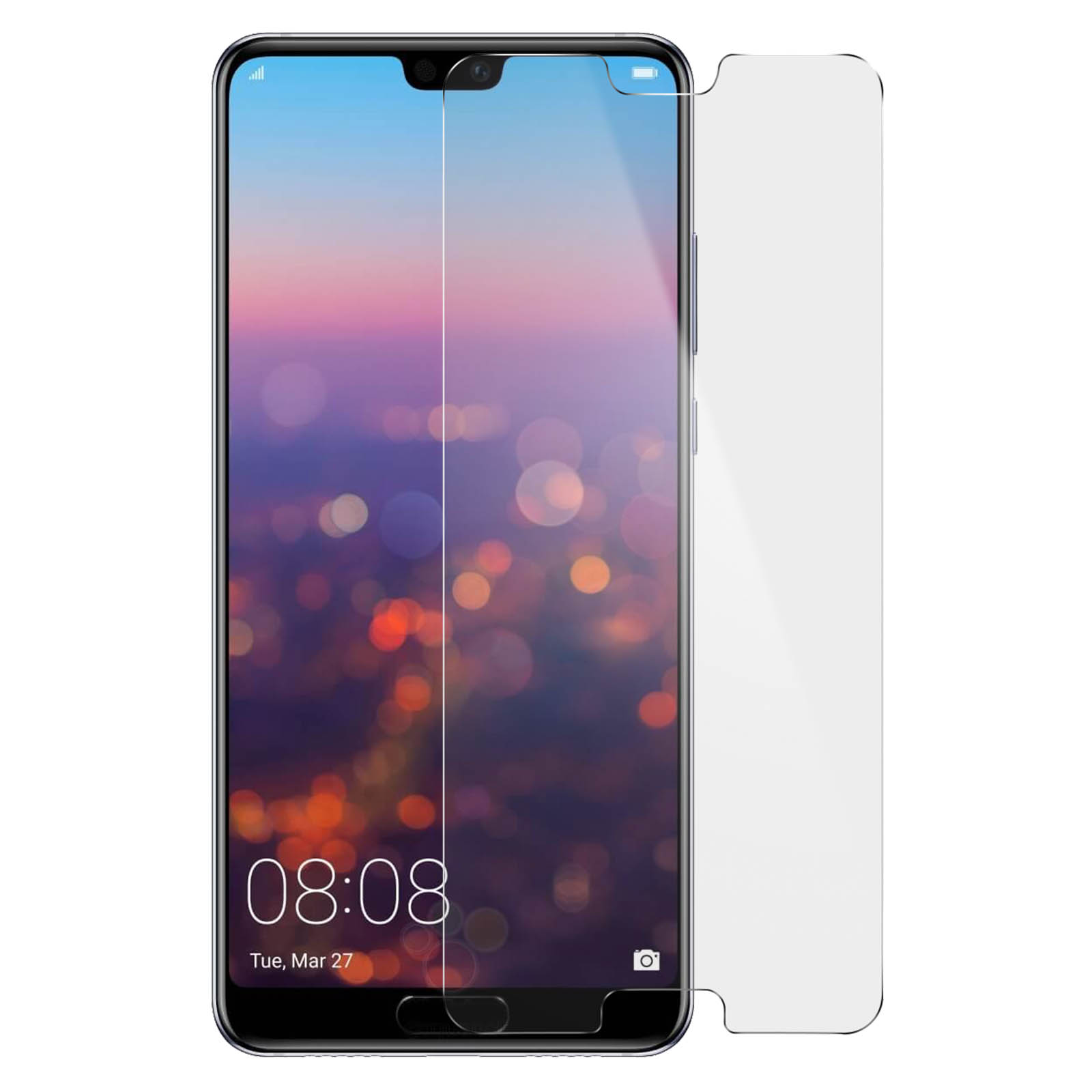 Smartphone con protezione schermo, mostra ora e data. Lo schermo è nero.