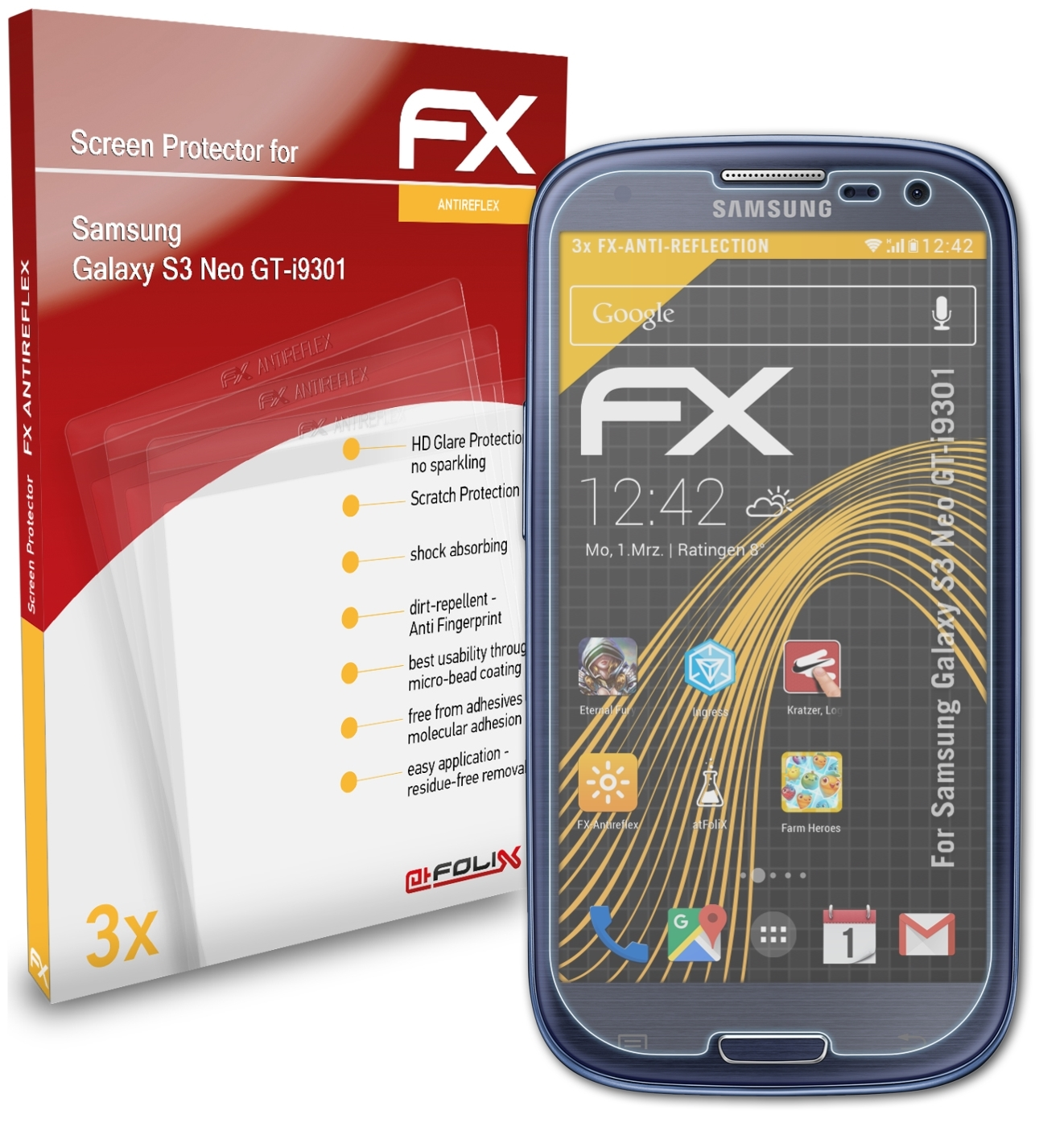 (GT-i9301)) S3 3x Samsung ATFOLIX Neo Galaxy FX-Antireflex Displayschutz(für