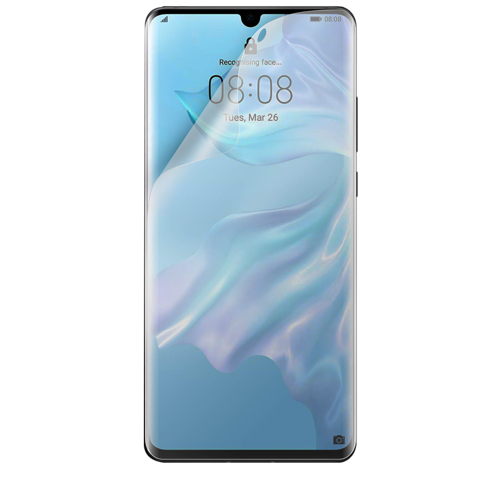 Smartphone met schermbeschermer, toont tijd, datum en gezichtsherkenningsmelding.