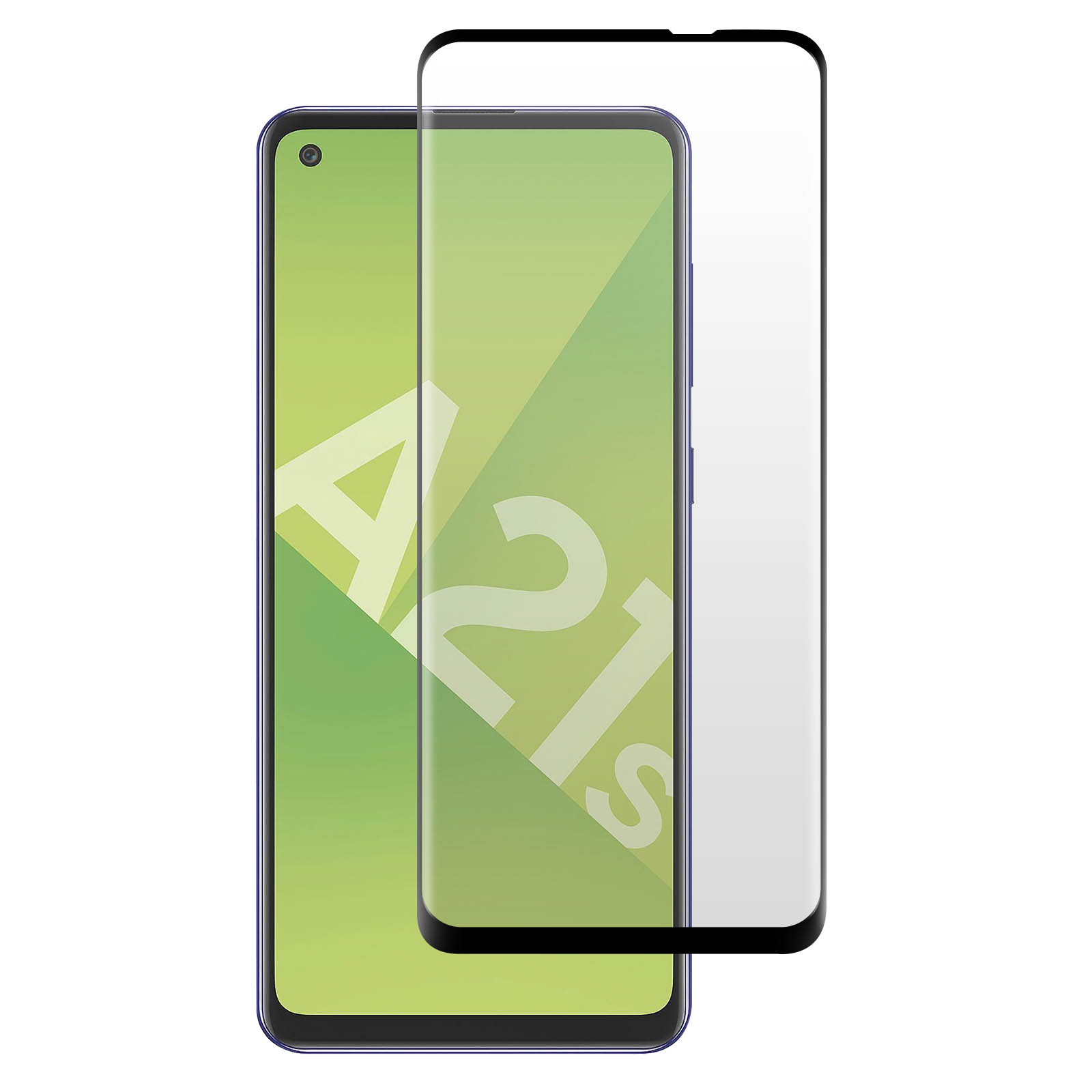 Uno smartphone con protezione schermo. Il telefono è viola, sfondo verde con testo A21s. La protezione è trasparente.