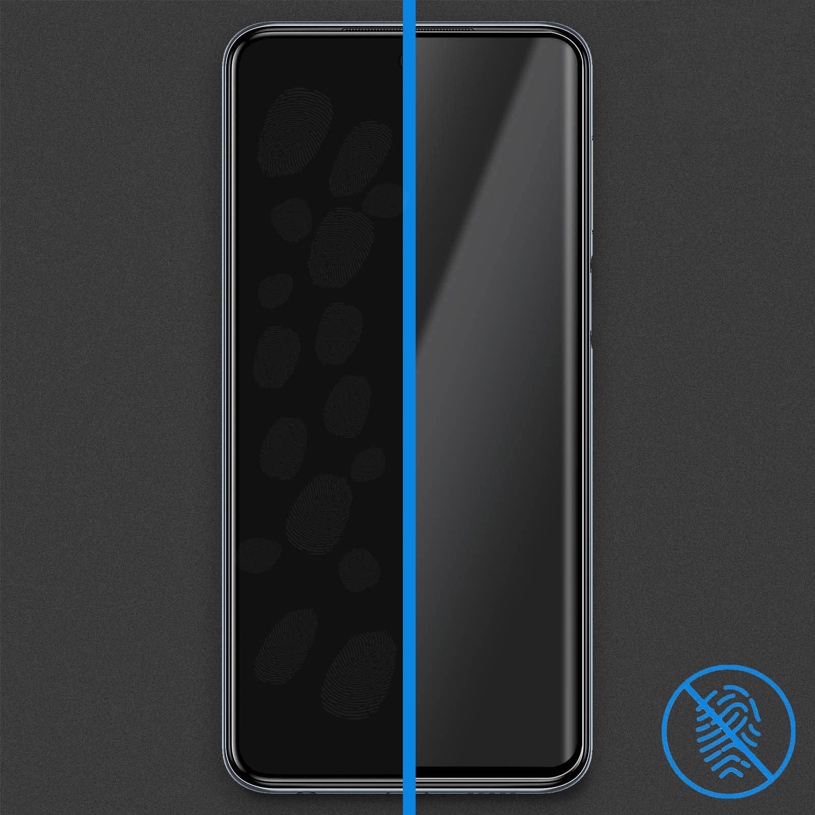 Schermo smartphone con impronte digitali a sinistra, pulito a destra. Una linea blu separa. Nessuna icona impronte digitali.