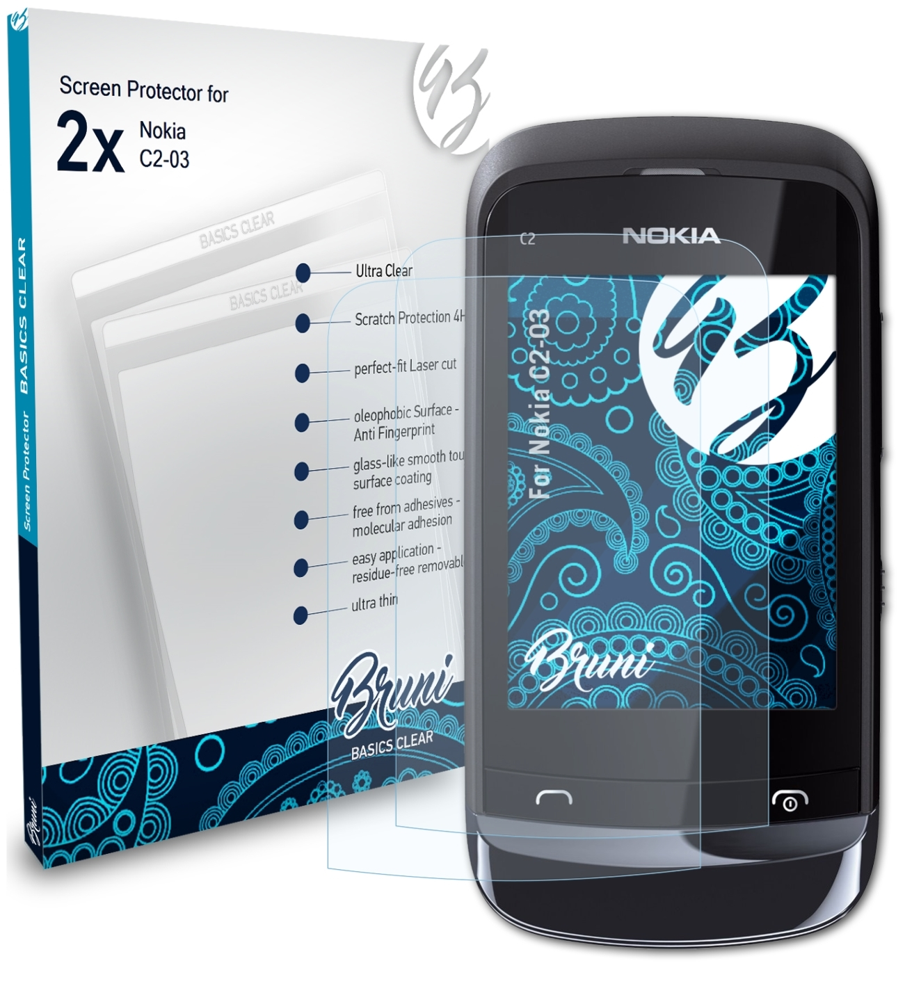 BRUNI 2x C2-03) Nokia Schutzfolie(für Basics-Clear