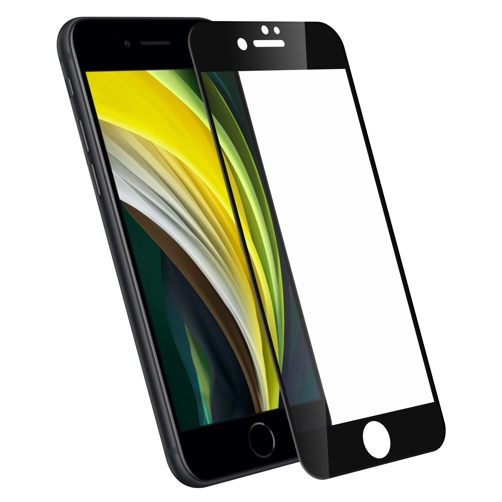 Un telefono nero con una protezione per lo schermo. La protezione è accanto al telefono, mostrando uno schermo bianco.