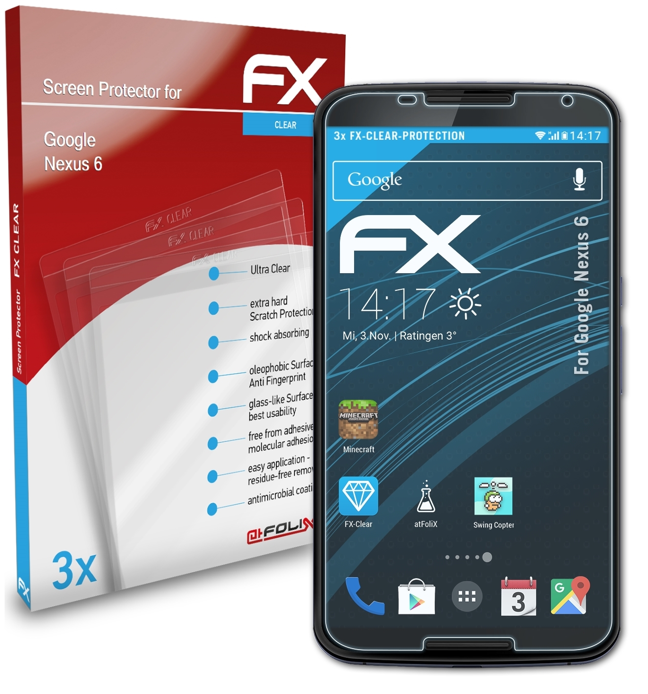 ATFOLIX 3x FX-Clear Displayschutz(für Google Nexus 6)