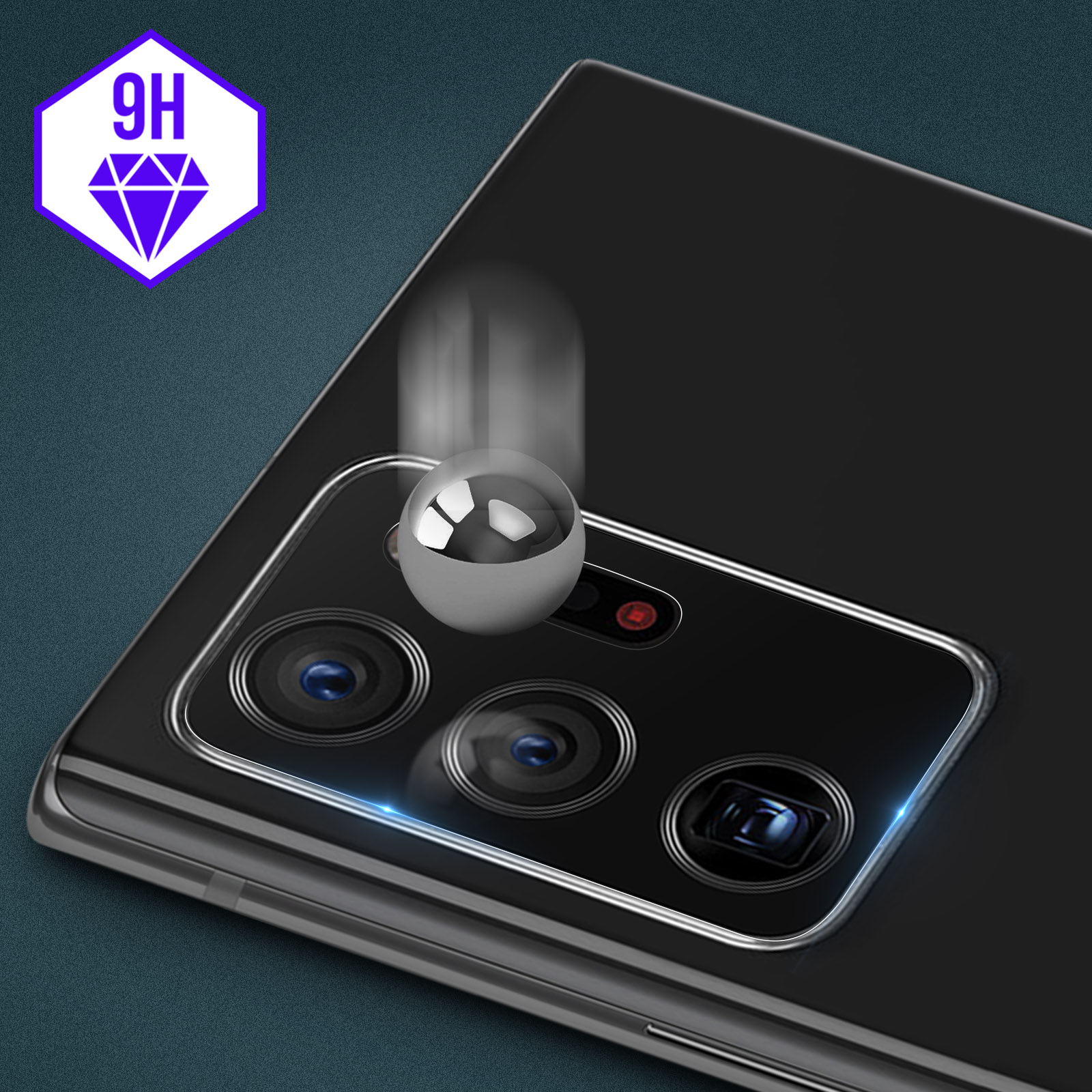 Dos du téléphone avec objectifs de caméra et sphère tombante. Logo diamant 9H violet en haut.