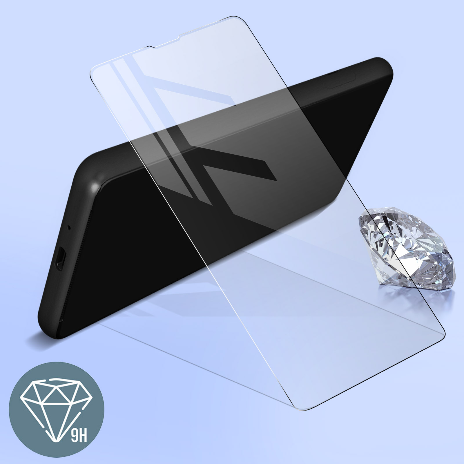 Telefono con protezione schermo e un diamante, su sfondo sfumato blu.