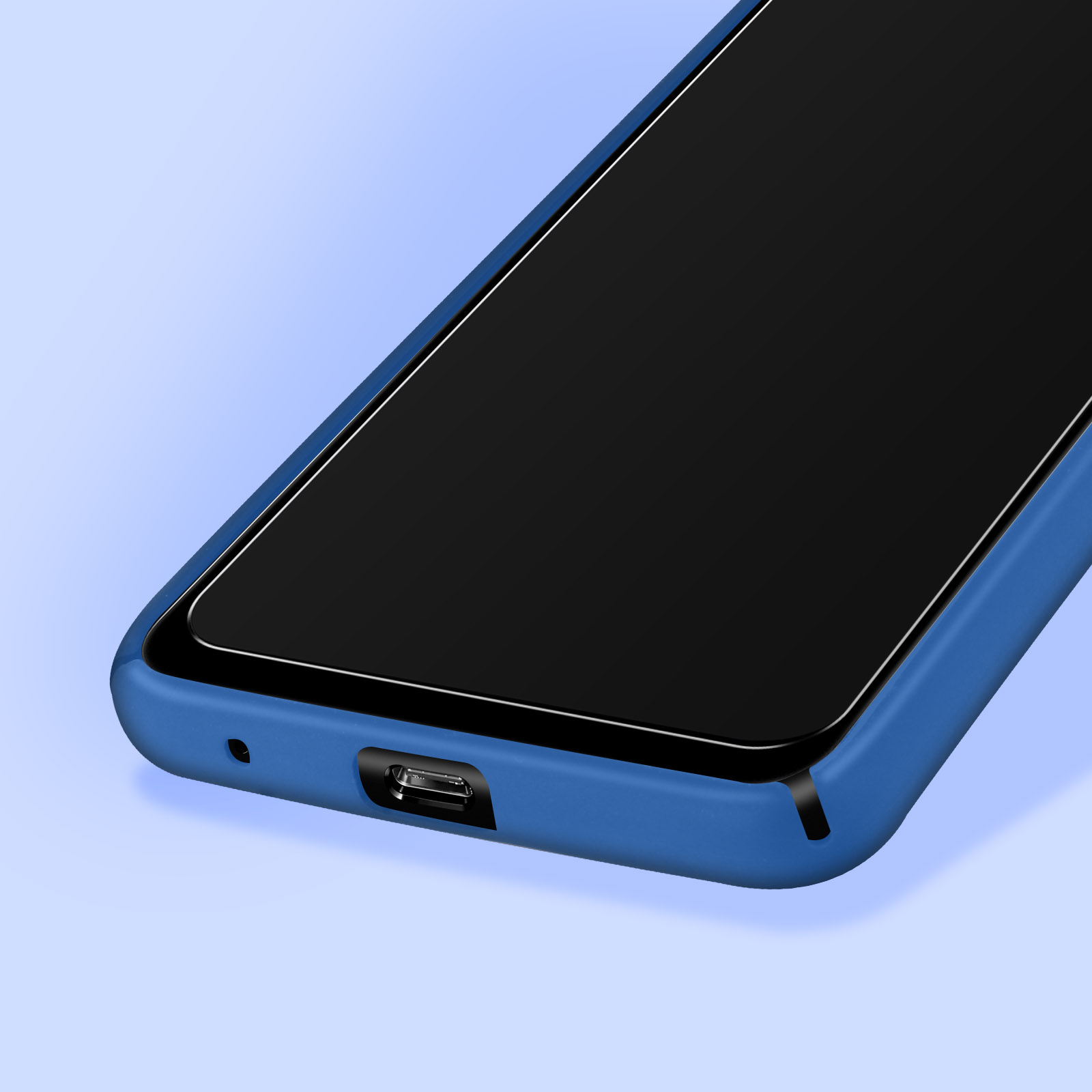 La parte inferiore di una custodia blu per telefono con schermo nero e una porta USB-C.
