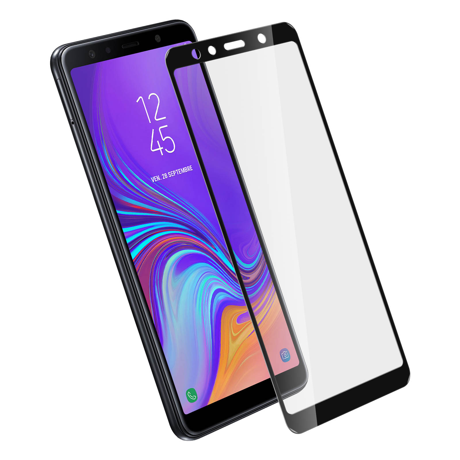 Smartphone con protector de pantalla, mostrando pantalla morada y fecha. El protector aplicado.