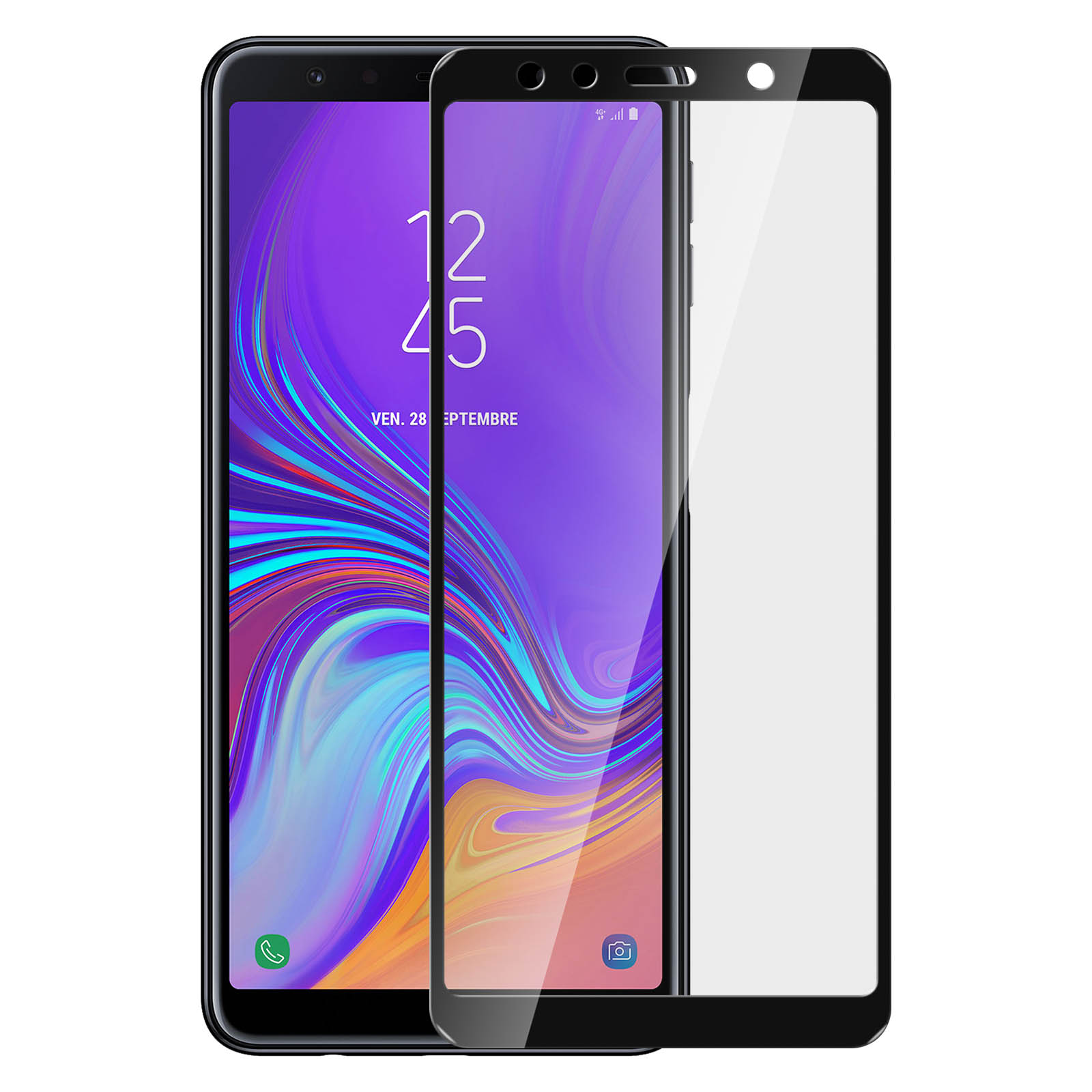 Teléfono con protector de pantalla. Muestra hora y fecha. Fondo blanco.