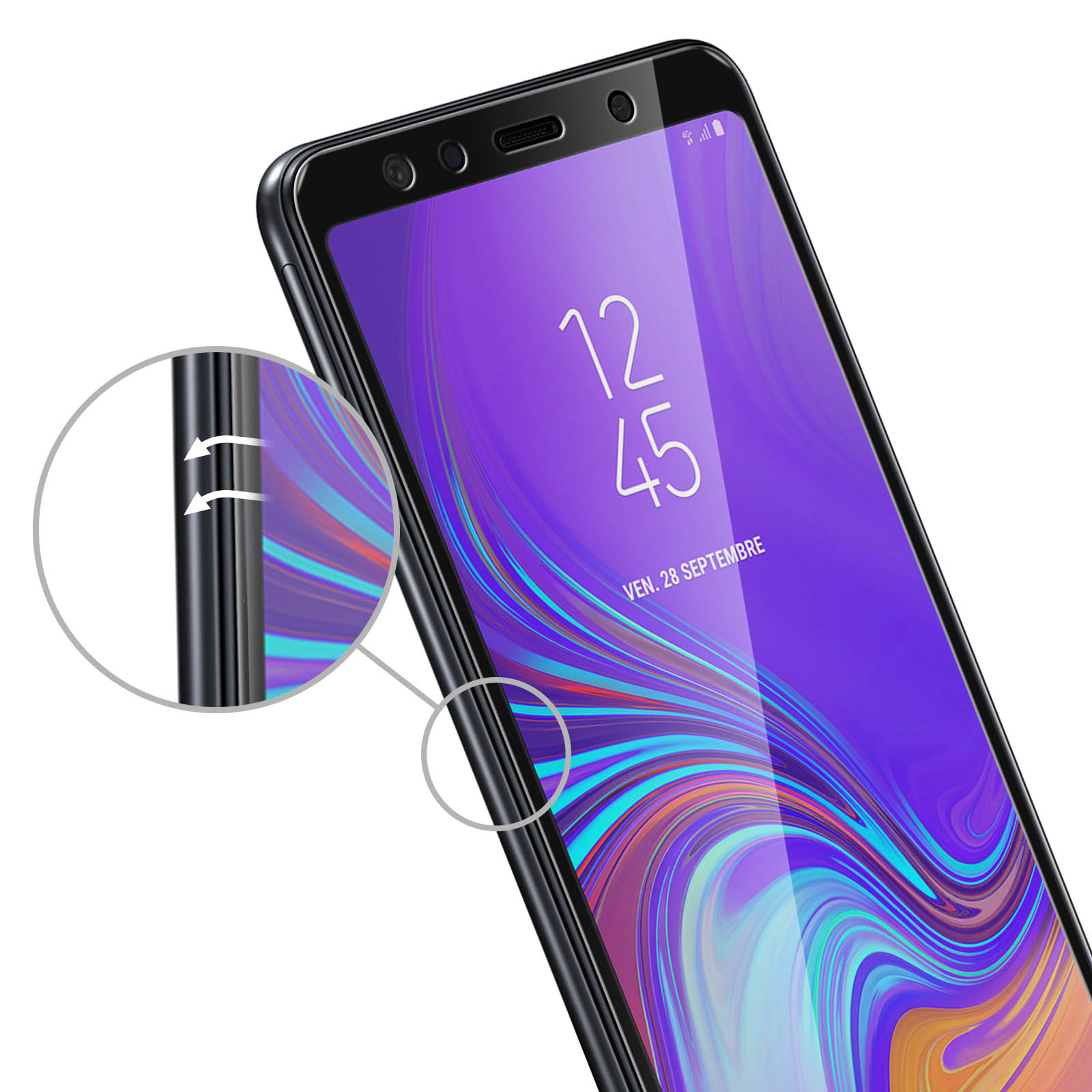 Primer plano de un smartphone con protector de pantalla, mostrando un aumento del borde.