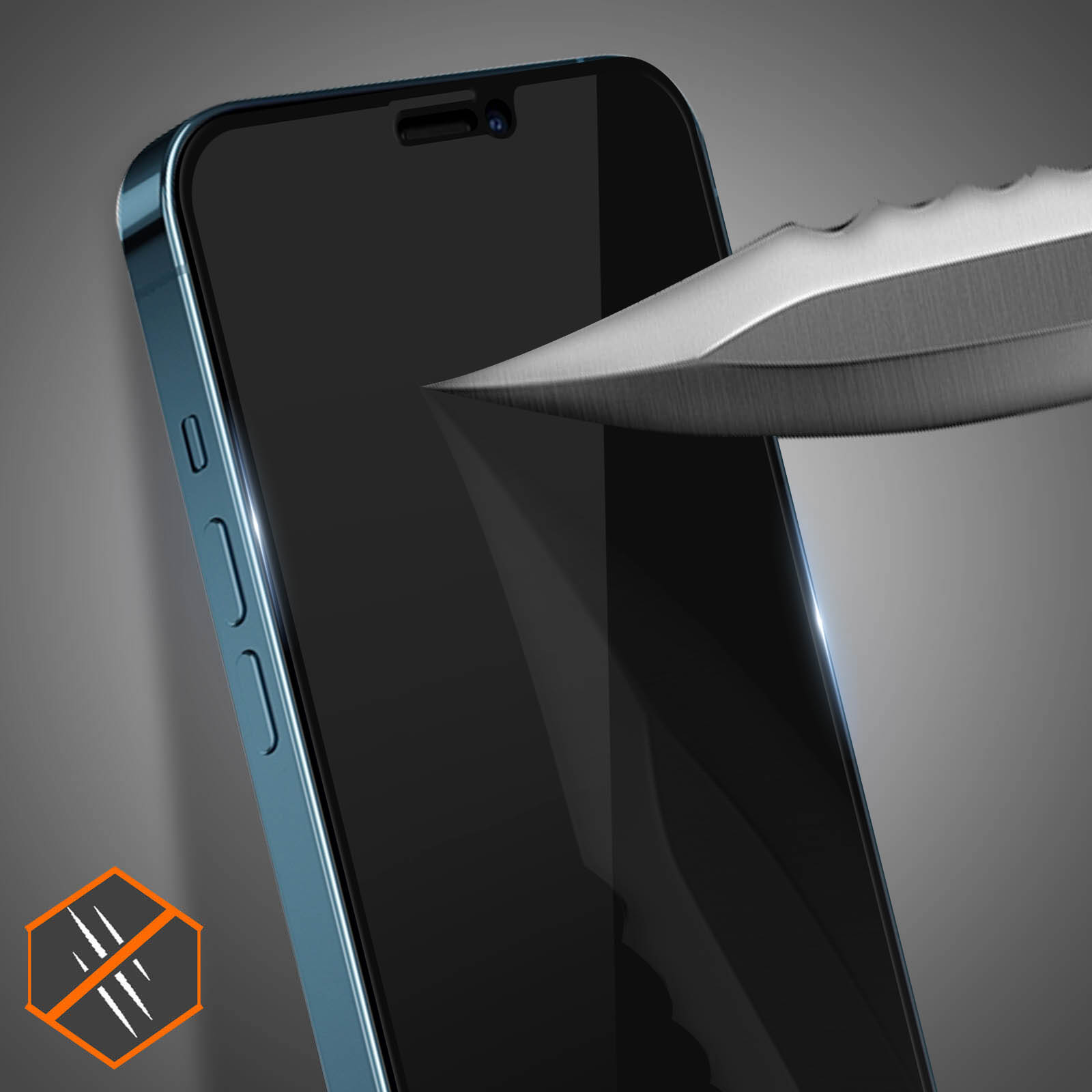 Uno smartphone con una protezione per lo schermo testata da un coltello, con un'icona antigraffio in basso a sinistra.