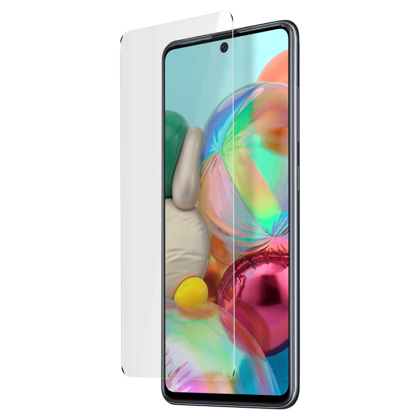 Uno smartphone blu con una protezione per lo schermo. Lo schermo mostra uno sfondo colorato. Sfondo bianco.