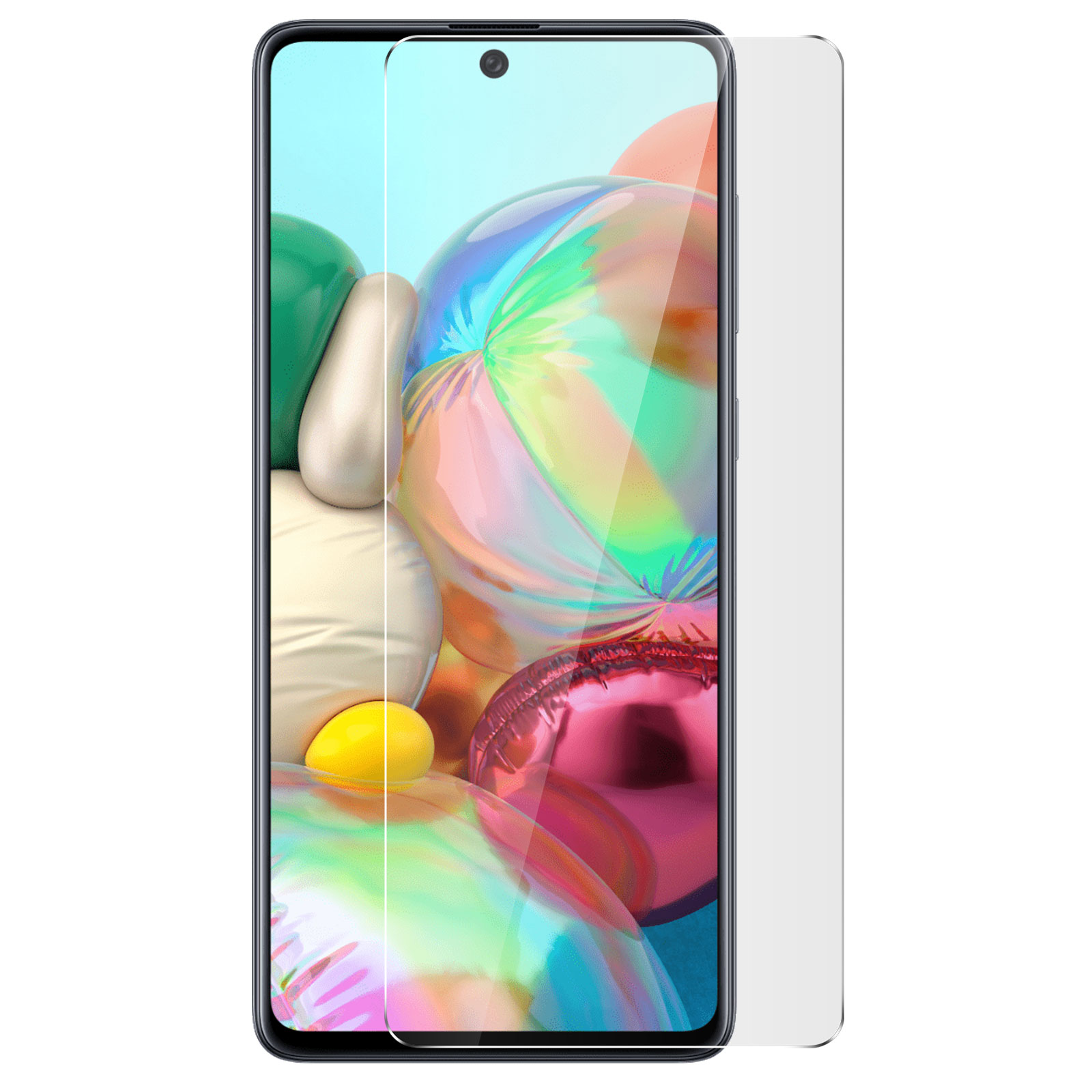 Un telefono con una protezione schermo su uno sfondo sfocato e colorato.