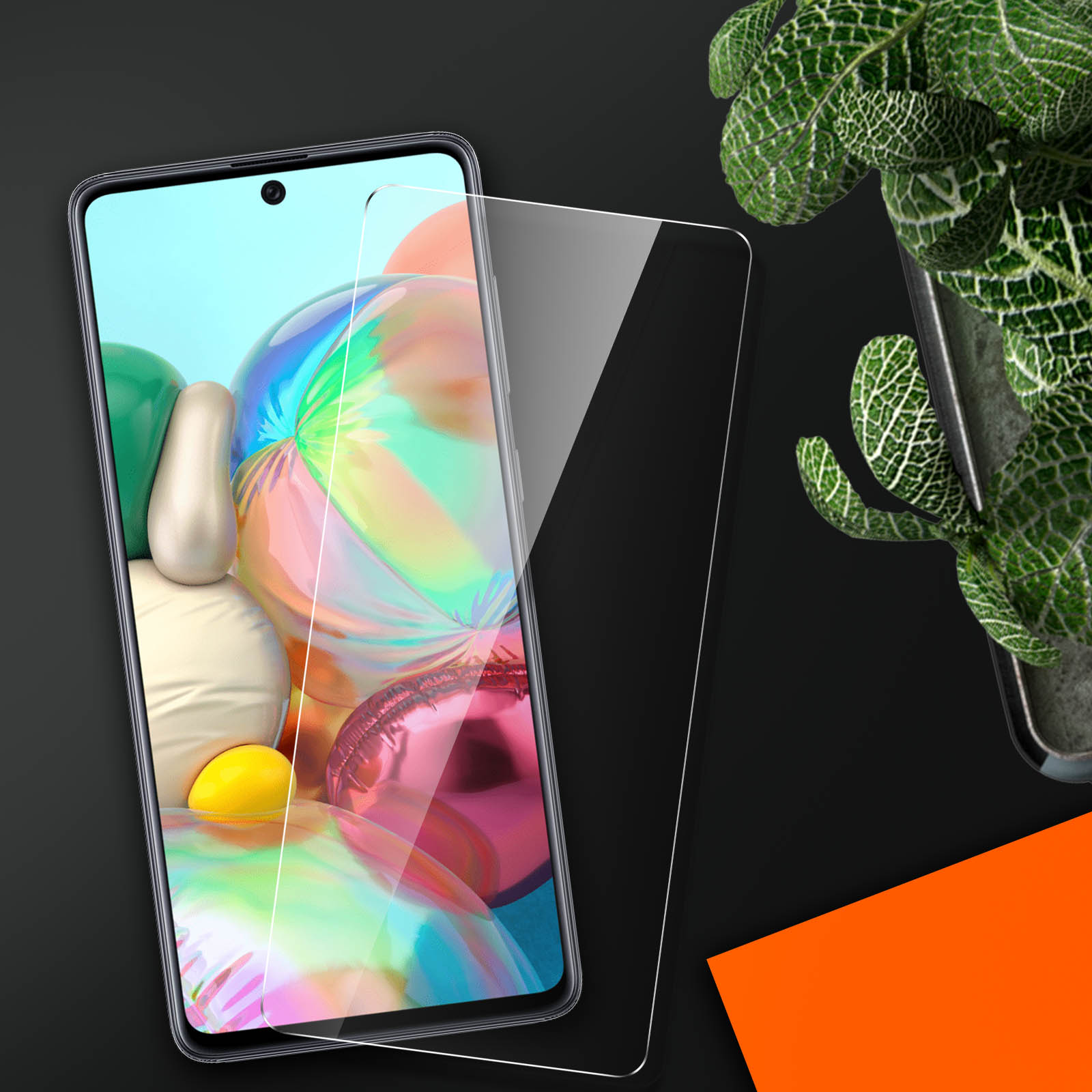 Un telefono con una protezione schermo viene mostrato con una pianta sullo sfondo. Il telefono mostra un'immagine colorata.
