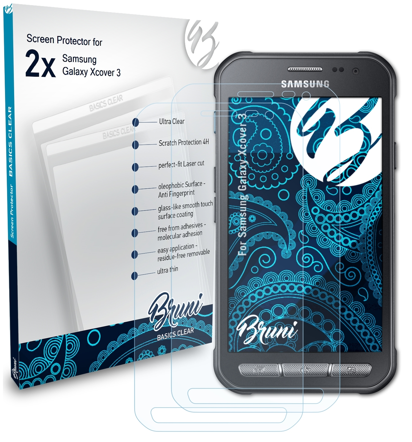 BRUNI 2x Xcover Basics-Clear Samsung Schutzfolie(für 3) Galaxy