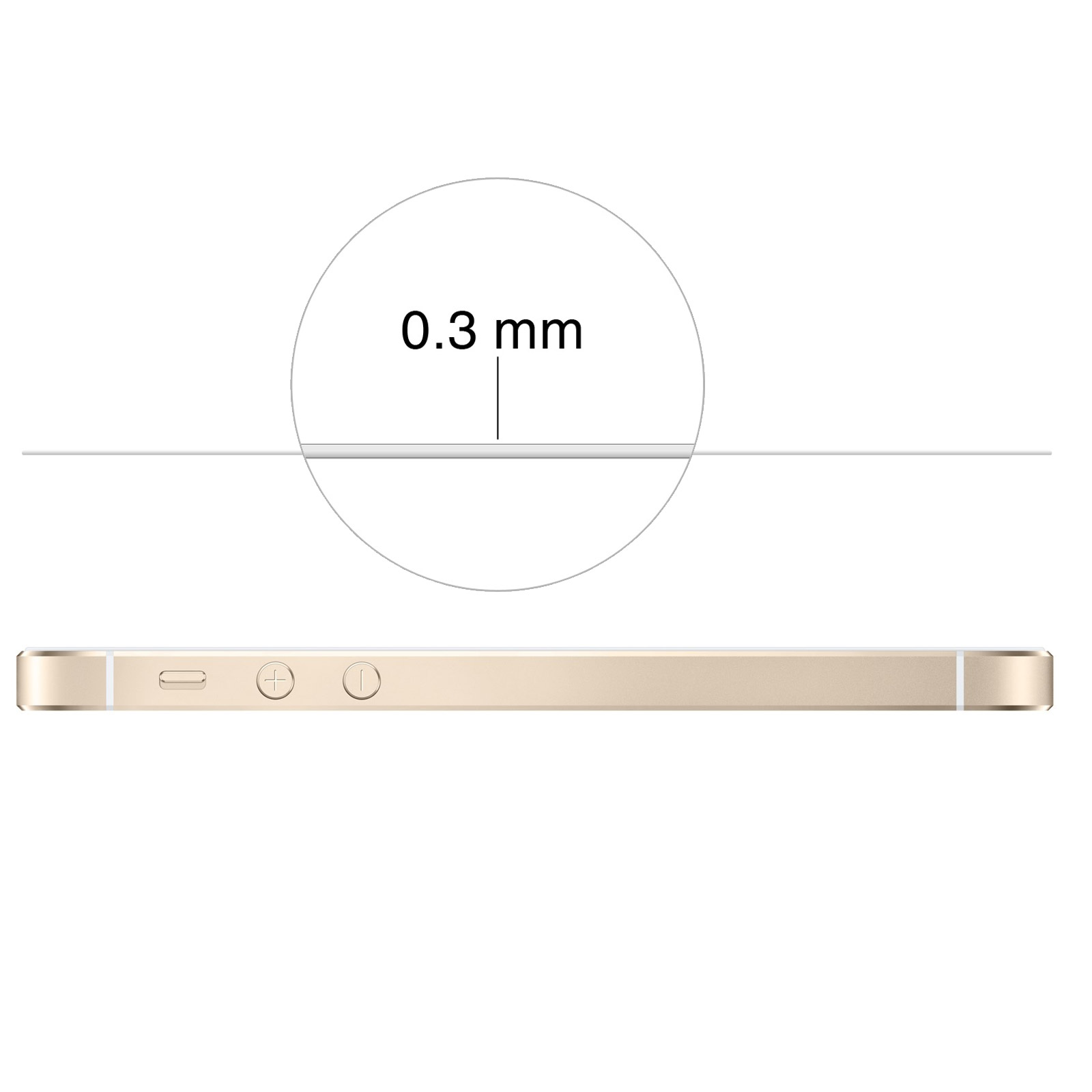 Un primo piano del lato di un telefono con un cerchio e un testo che indica uno spessore di 0,3 mm.
