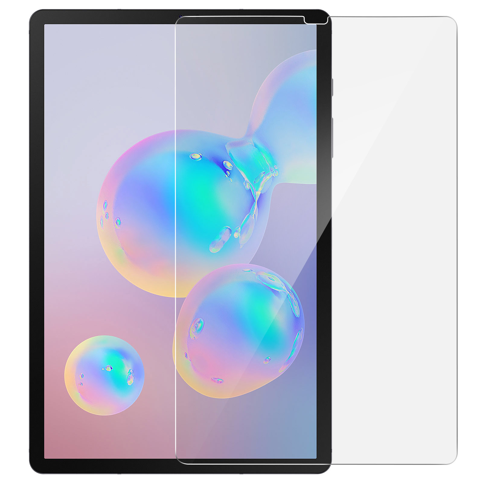Un tablet con protezione schermo applicata. Lo sfondo presenta bolle astratte colorate.
