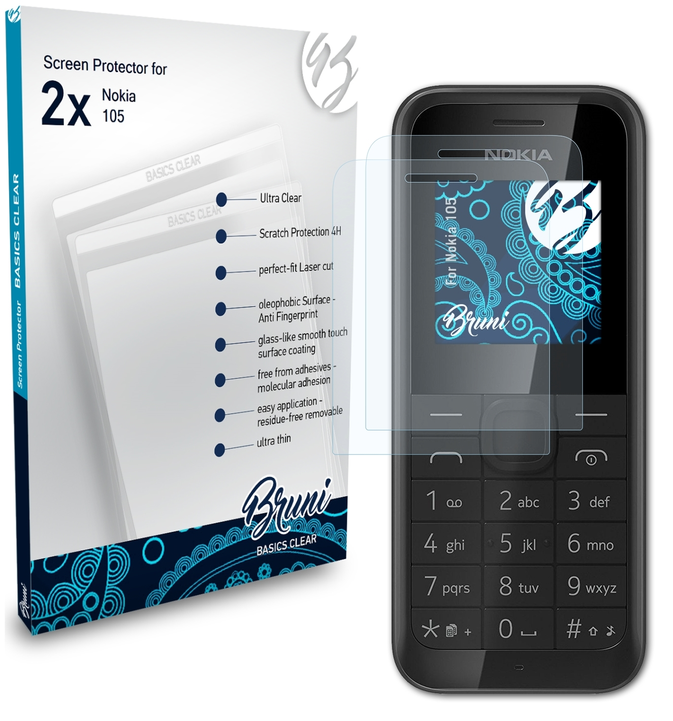 BRUNI 2x Schutzfolie(für Nokia 105) Basics-Clear