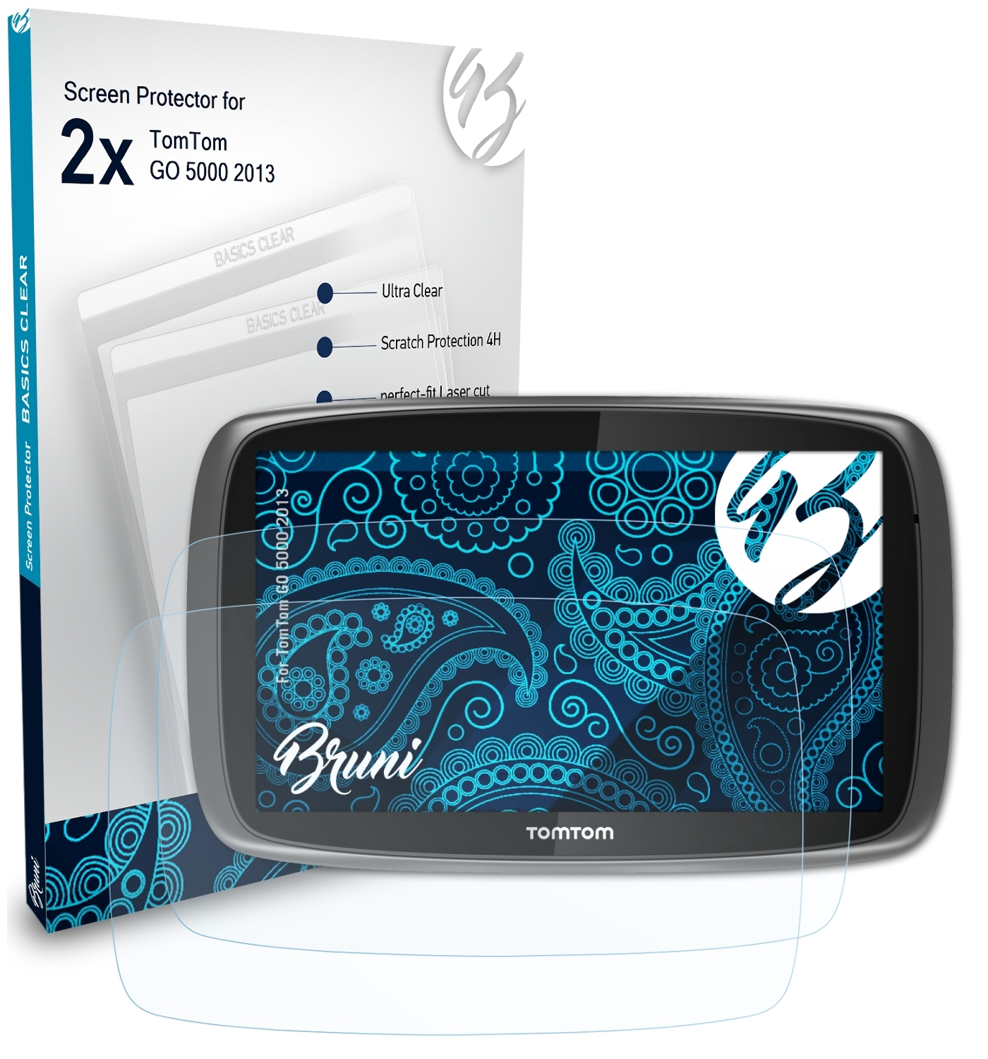 BRUNI 2x Basics-Clear Schutzfolie(für TomTom 5000 (2013)) GO